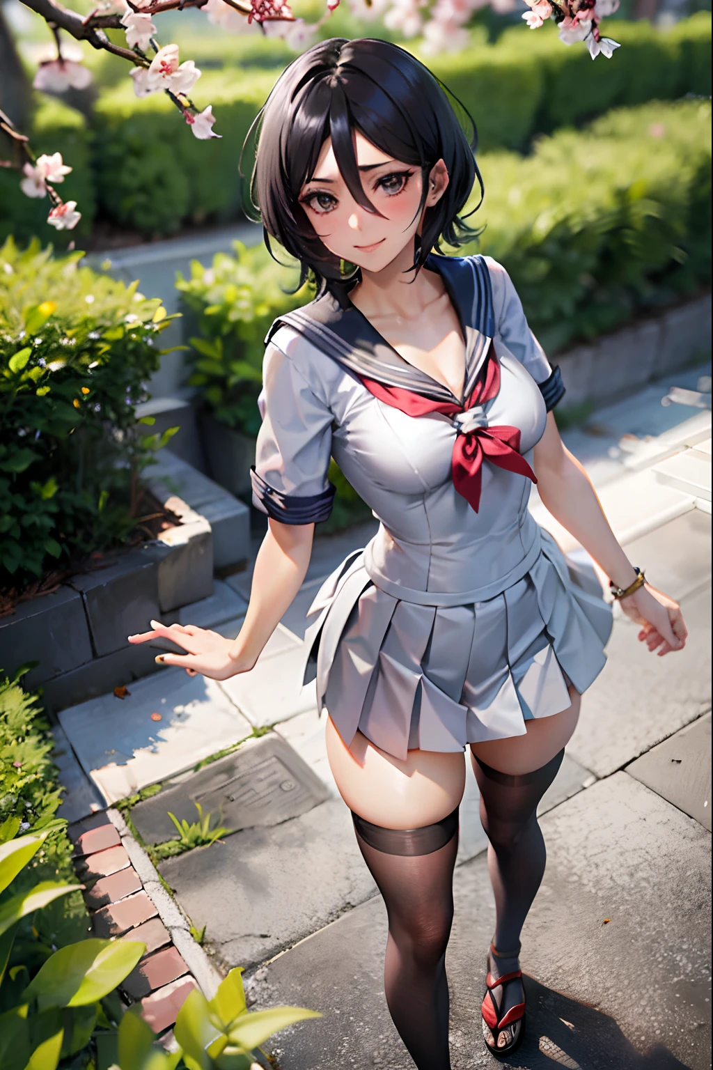 Rukia kuchiki, 1girl, solo, ((sailor uniform)), black thighhighs, breasts, cleavage, pleated skirt, hair between eyes, medium breasts, looking at viewer, messy hair, black hair, pink short nails, solo, thighhighs, thighs, ((masterpiece)), standing, ear piercing, sexy pose, blush, shy, smile, japanese temple, sakura tree,