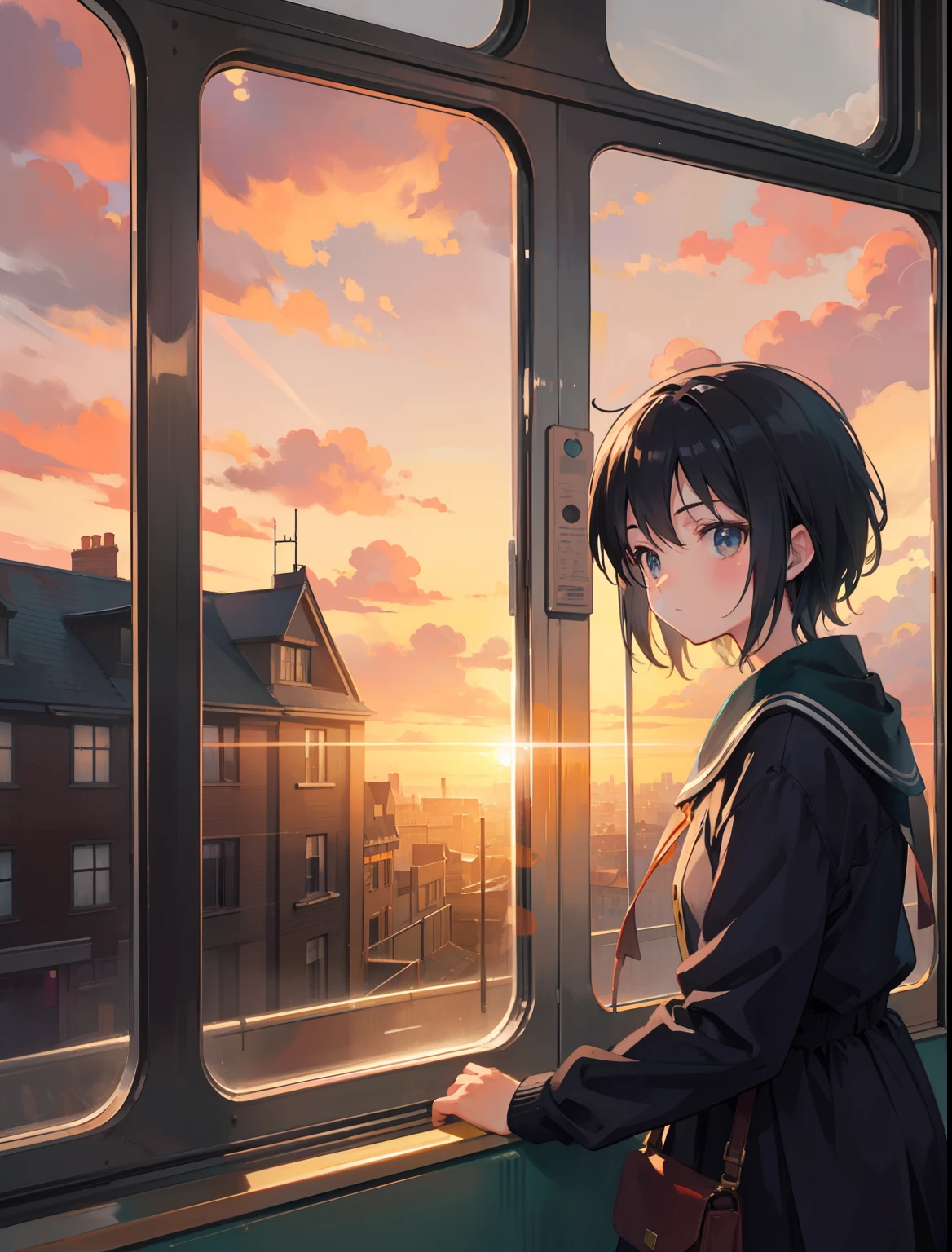 In the style of Makoto Shinkai, super fine illustration, best quality, A child is in the train and looking outside from the window of a slow-moving train,Outside the window, a London-style brick-built townscape is visible, bathed in the glow of the setting sun, evoking a nostalgic ambiance.sunset is beautiful and nostalgic The scene evokes feelings of nostalgia