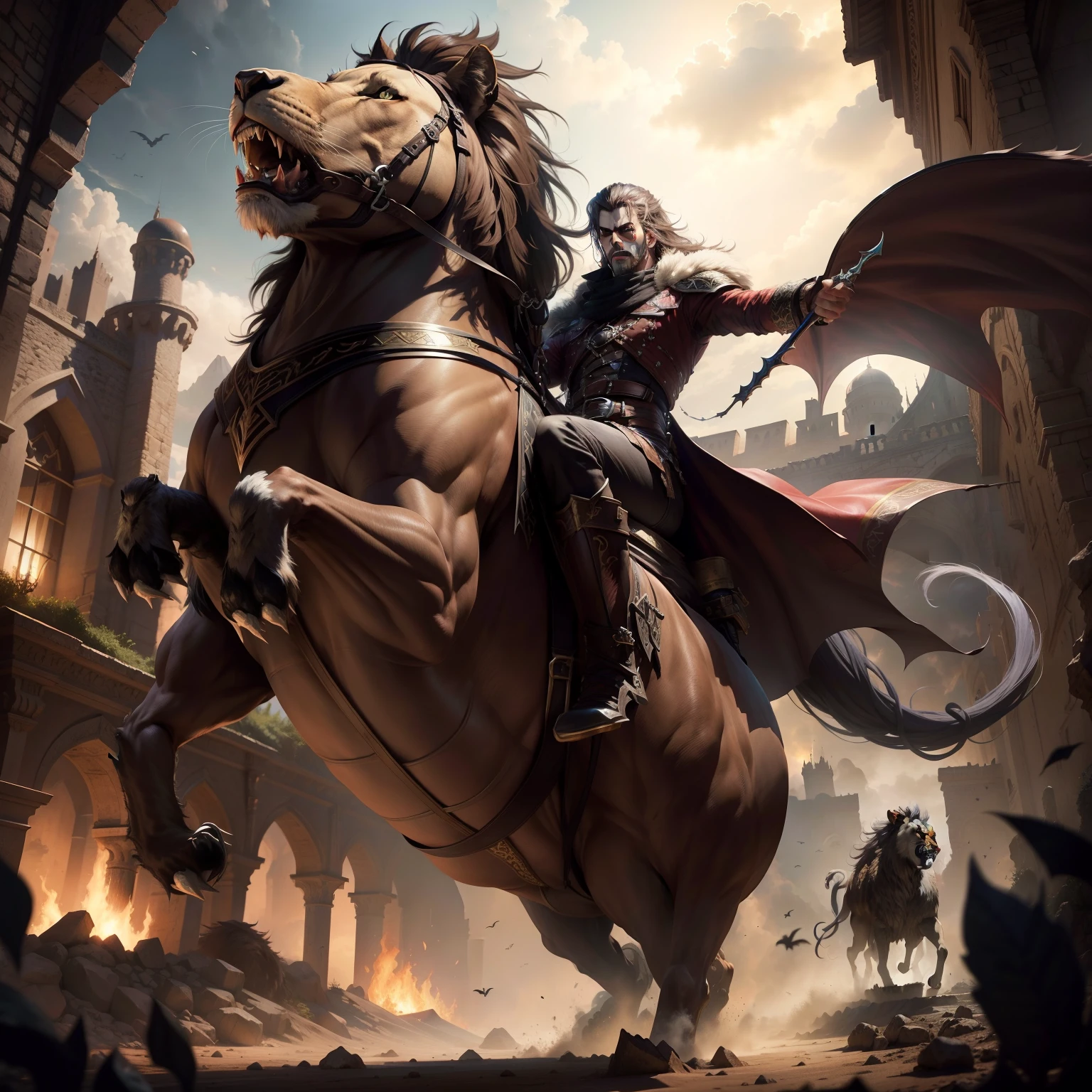 Legendary Castlevania Lord of Shadows riding big roaring legendary Angry Lion Moroccan environment hyper realistic super detailed Dynamic poses