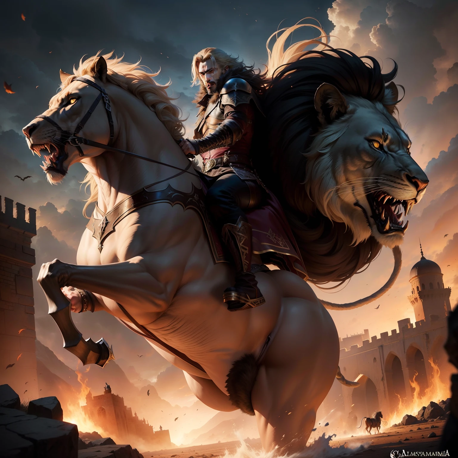 Legendary Castlevania Lord of Shadows riding big roaring legendary Angry Lion Moroccan environment hyper realistic super detailed Dynamic poses
