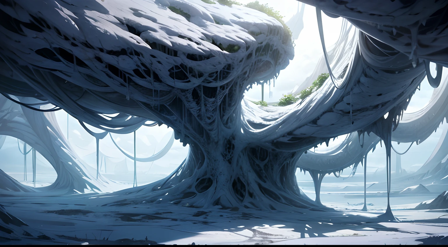 White alien world,Huge vines hang from the clouds,Alien Chaos landscape,