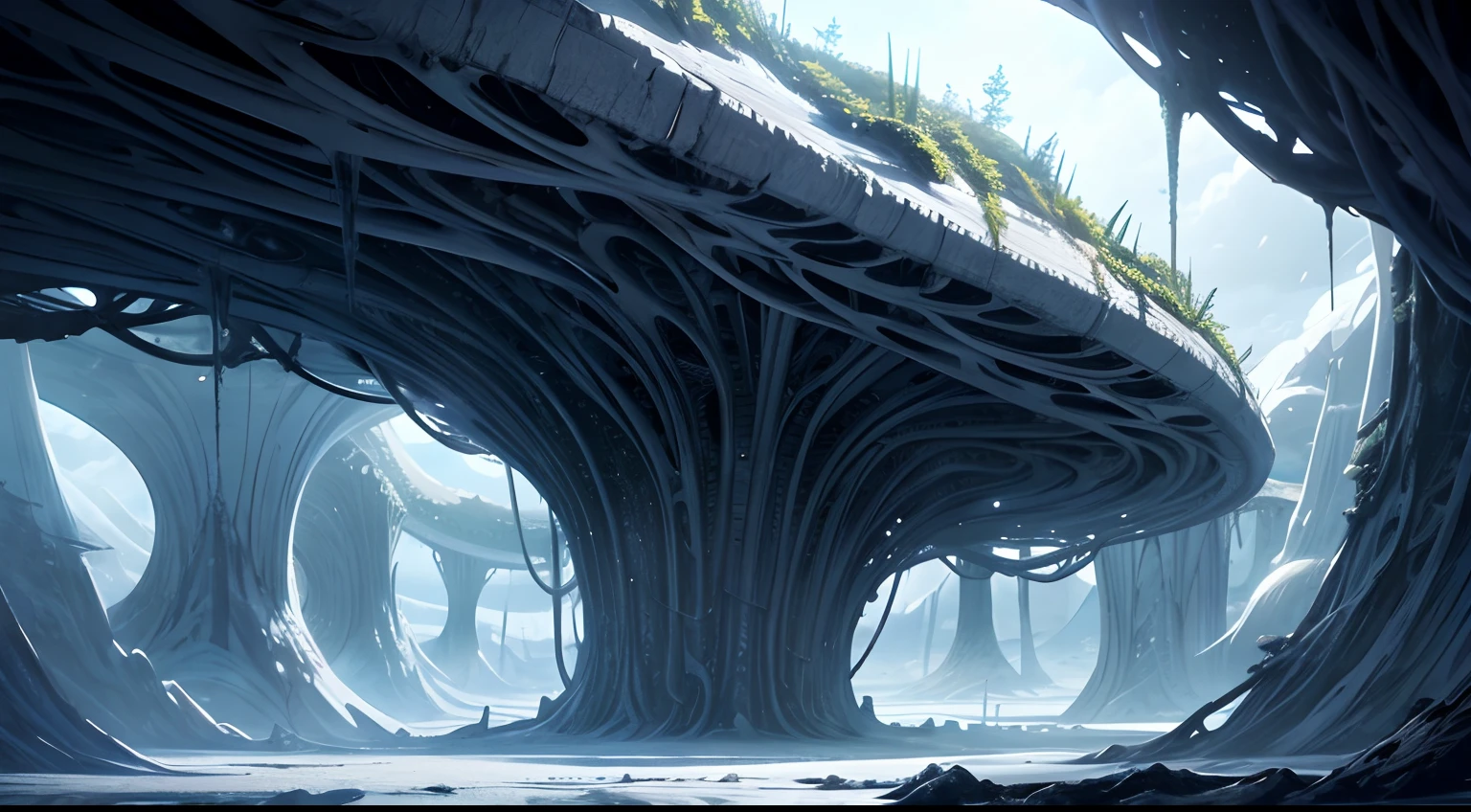 White alien world,Huge vines hang from the clouds,Alien Chaos landscape,