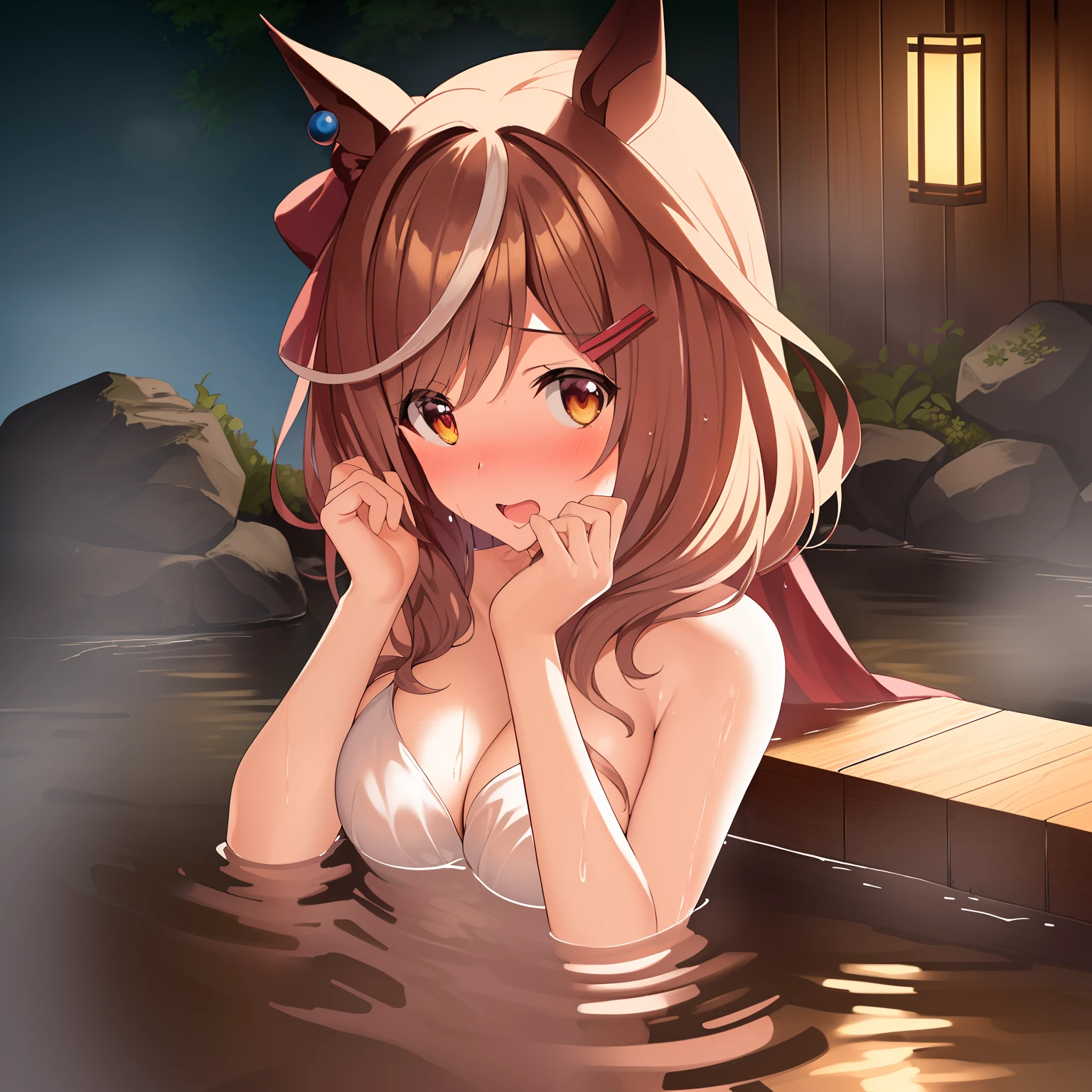 umamusume,masterpiece,detailed, onsen,embarrassed,{{nude}},small medium breasts,wet,umamusume,looking at viewer,screaming,surprised,cleavage,hands on breasts,solo ,upper body,close