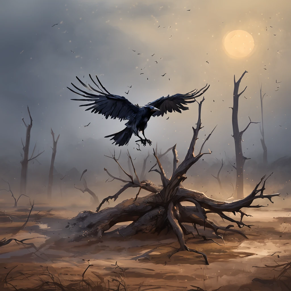 Two crows on a dead tree, A shadow shaped like a walker, Starry night, Thick fog on the ground, Blue light on the horizon, Unreal Engine 5, Cinematic, low angle photography, Motion blur, Depth of field, Dust, Cobblestones and dirt. Splash Art, dripping paint. Perfect color grading. Influenced by Karel Appel and Jeremy Mann, Full of dramatic and threatening scenes, Hyper-detailed, Beautiful, insanely details, Intricate details, editorial photography, shot with a 50mm lens, Depth of field, Tilt Blur, Shutter speed 1/1000, f/22. Lightmaps, Super bright
