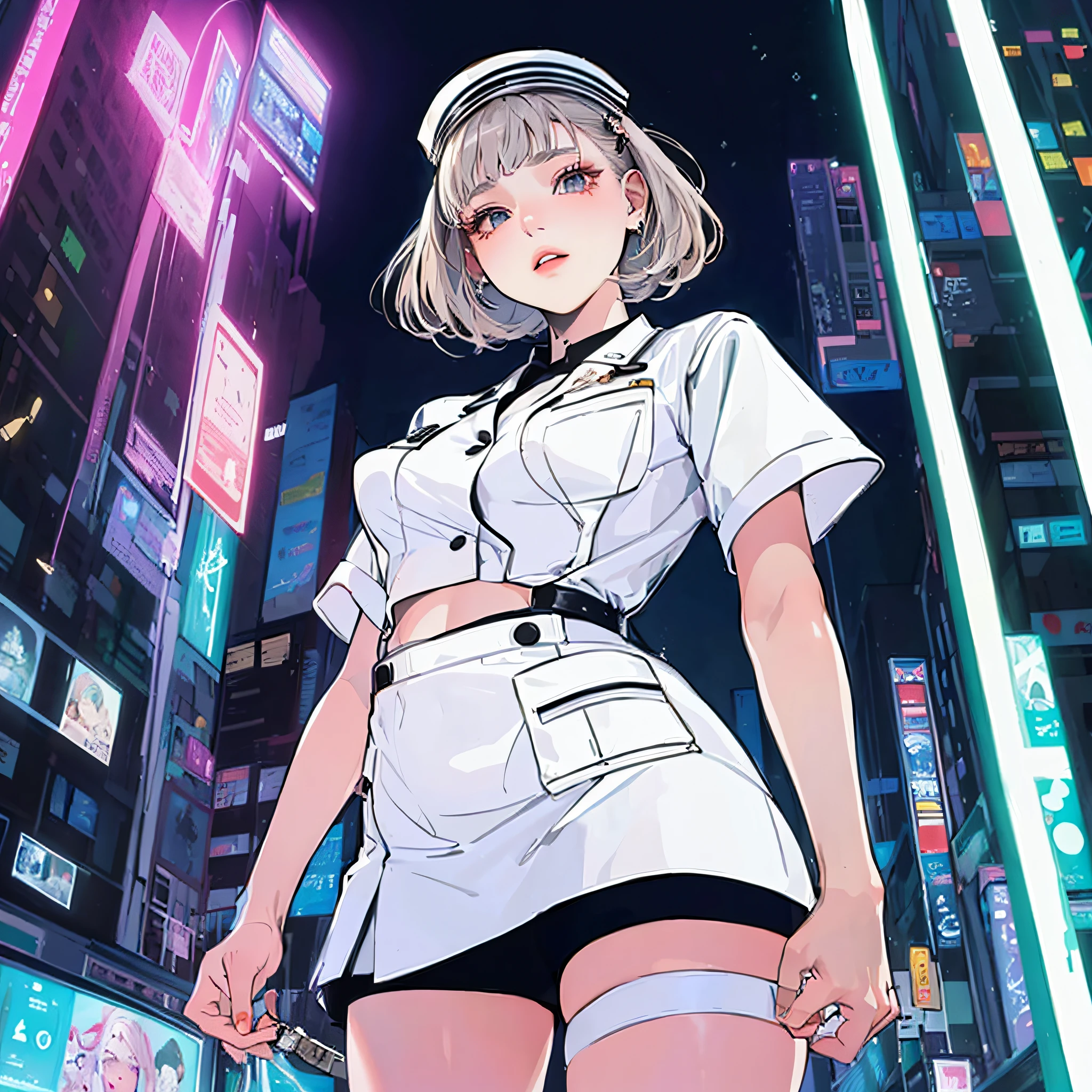 (masterpiece, top quality, best quality, official art, beautiful and aesthetic:1.2), (1girl), extreme detailed,  thick_red_book_face, low-angle shot, detailed expression, nurse attire, dynamic pose, intricate, beautiful,