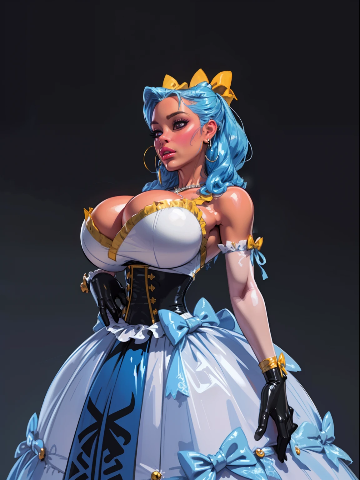 ((Cyberpunk background:1.1) John Tenniel art, frustrated Ariana Grande, light blue hair, curls, wearing a stately and elaborate trixie ballgown of black satin and yellow adorned with large satin, futuristic ballroom gown, cybernetic enhancements , (((huge ribbon bows))), rosebuds, embroidery and jewels, (gigantic breasts:1.3) with (((enormous puffed sleeves))), an hourglass waist, and a (((voluminous crinoline hoopskirt))), (((bustle))),   long black gloves, adorned with intricate metallic details, pearl and diamond necklace and earrings, large elaborately curled and styled hair