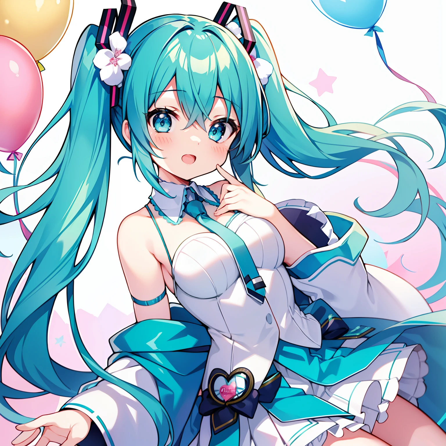 Big breasts Hatsune Miku, Anime style, poster for,balloons,Light blue background,4K,Raise Hand