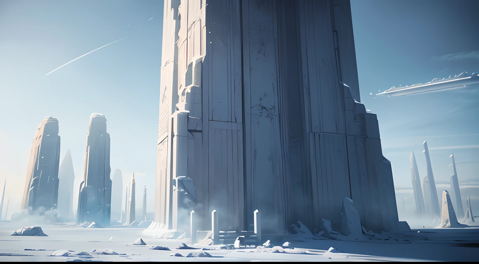 White alien world,Huge stone pillars hang over the clouds,Alien Chaos landscape,