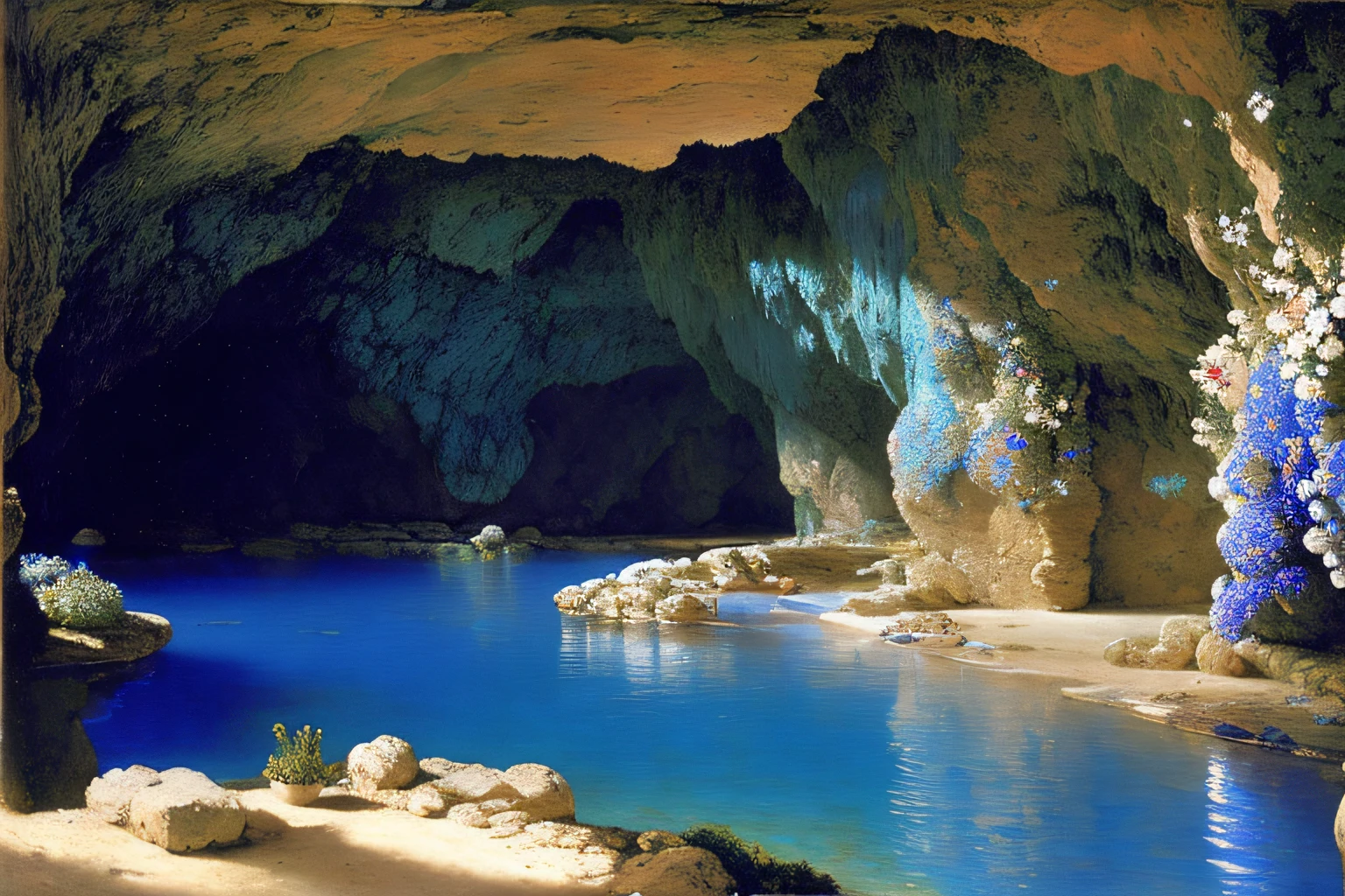 Interior cave, Cobalt Blue Ocean, fleurs, Village Alma Tadema