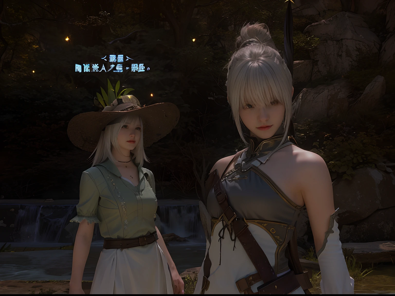 Two female characters in period costumes stand side by side, final fantasy 14 style, sharp detailed, Final Fantasy XIV, 2b, The middle shot shows two characters, FFXI,