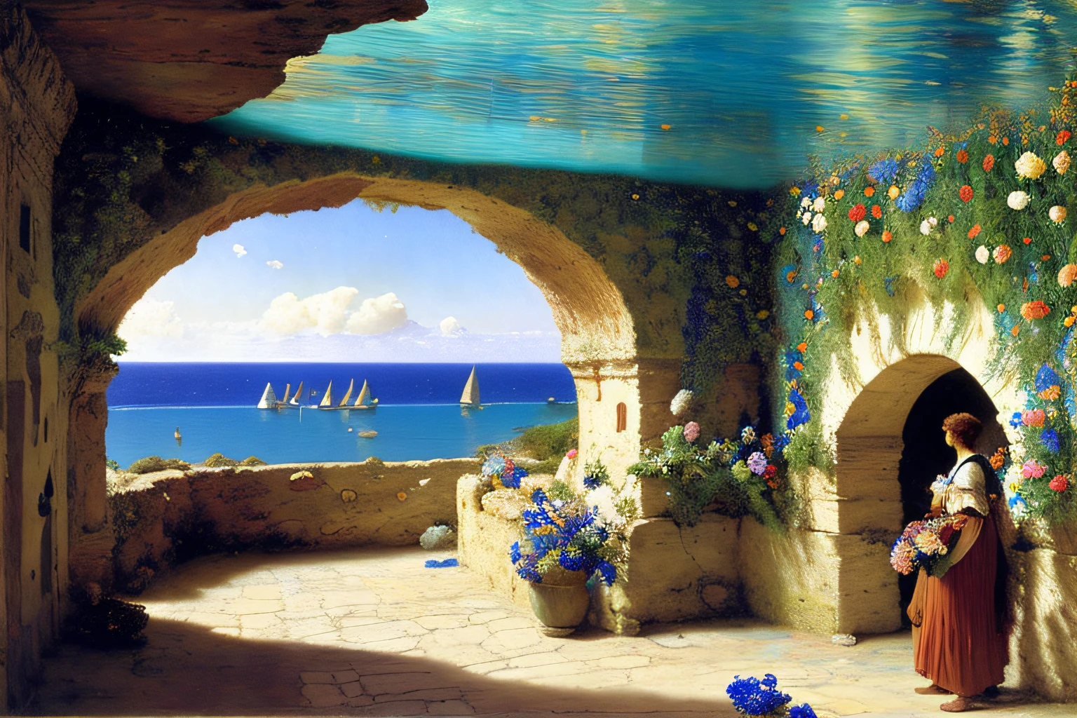 Interior cave, Cobalt Blue Ocean, fleurs, Village Alma Tadema