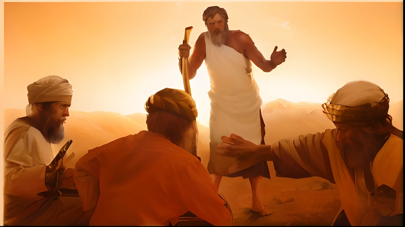 painting of a man standing in front of a group of men, Pintura de Golias, epic biblical representation, Directed by: Scott M. Fischer, moses, Directed by: Juan O'Gorman, Directed by: Scott Gustafson, Directed by: Ken Elias, biblical painting, Directed by: Alexander Scott, by senior artist, Directed by: John Armleder, Directed by: Robert Medley, bible illustration, Directed by: Thomas Dalziel