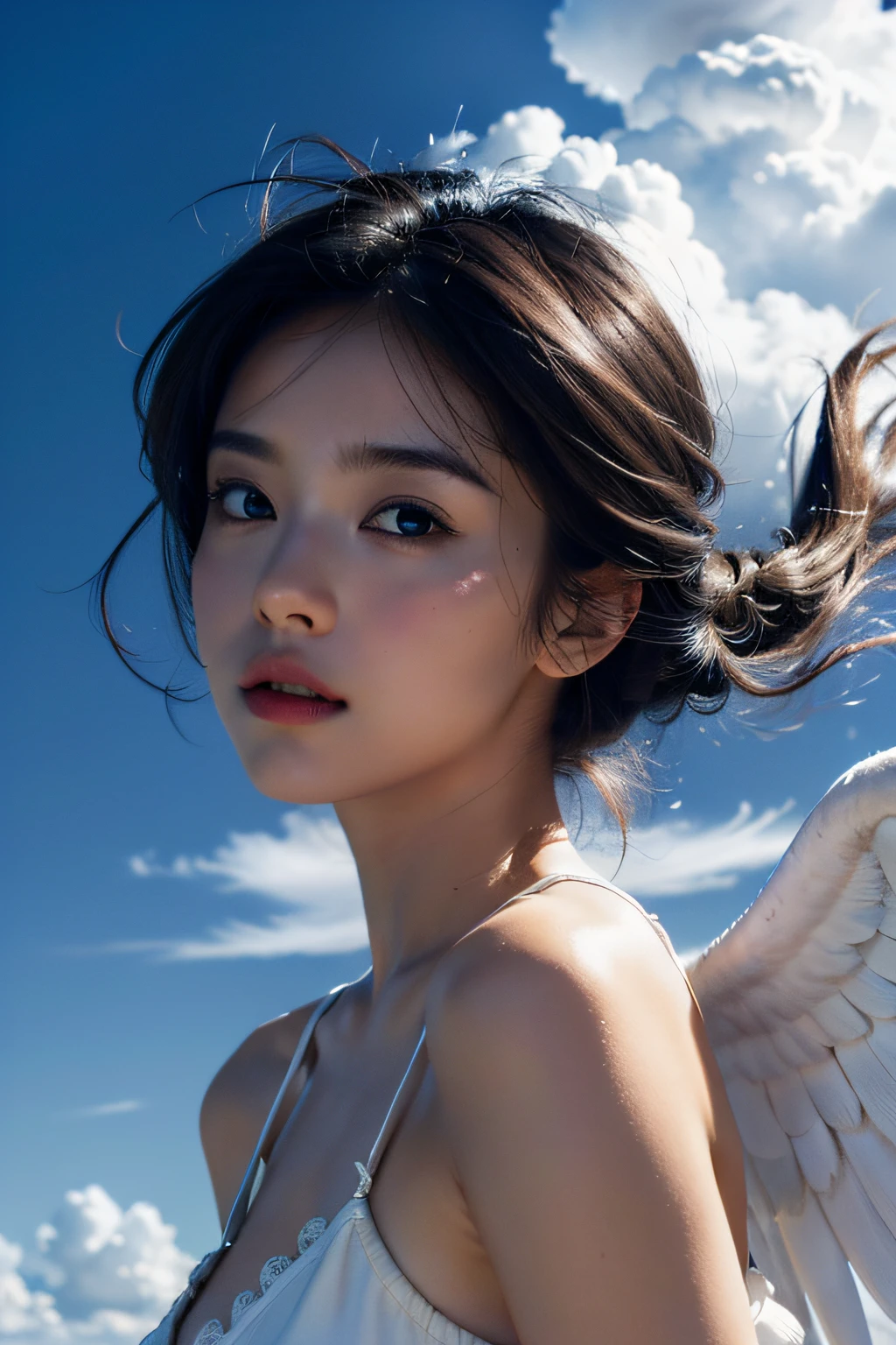 1girll,angel,Cloud,Glowing skin