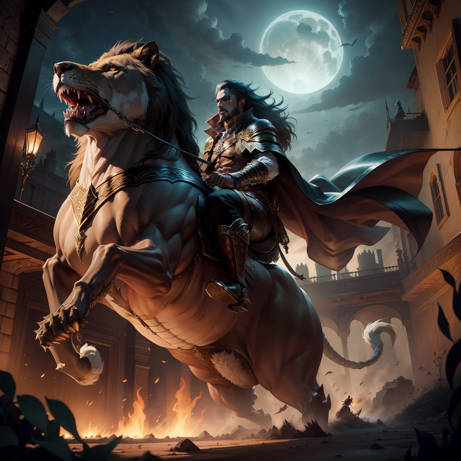 Legendary Castlevania Lord of the Shadows riding big roaring legendary Angry Lion Moroccan environment hyper realistic super detailed Dynamic poses very detailed faces super quality