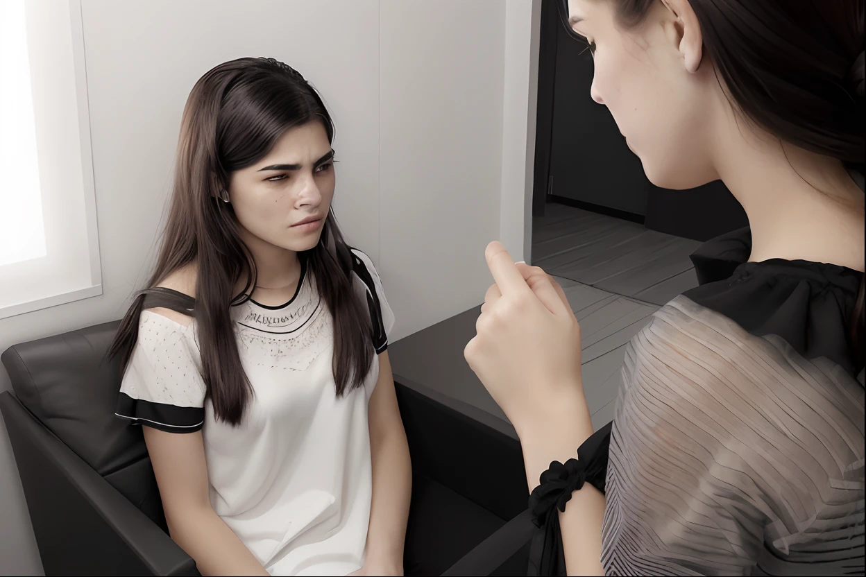 Woman and girl are talking to each other, argumento, irritado e apontando, com o dedo indicador, gritando furiosamente, mostrando raiva, crying and reaching with her arm, Gritando, giving the middle finger, Discutindo, exclusivo, indignado, Irritado com o espelho, sentimento de nojo, exasperated expression, adolescente de 16 anos, Mulher de 35 anos, brancas de cabelo preto