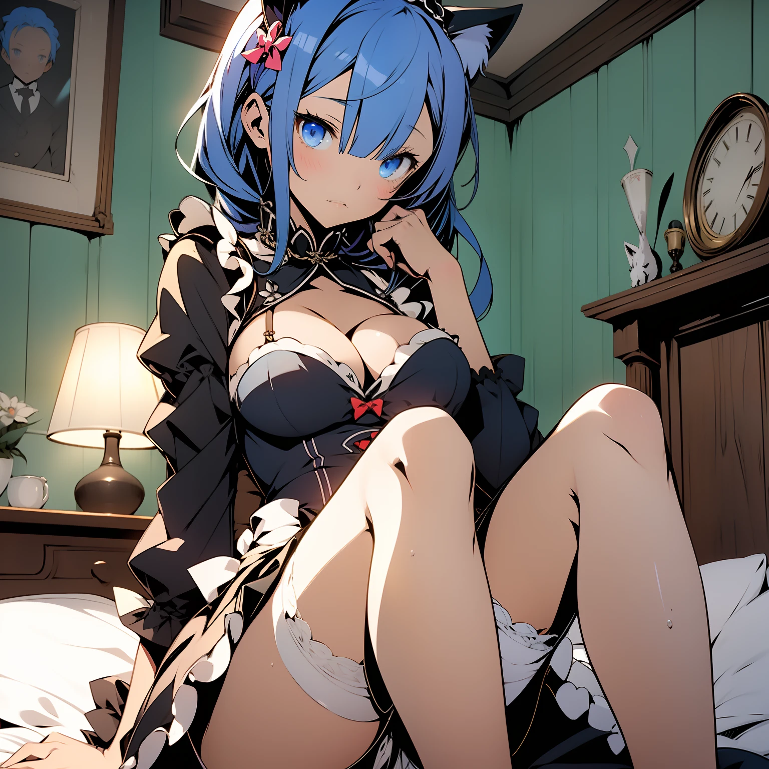 Masterpiece, (1girl, solo, alone) Rem from ReZero, Blue-haired girl, on a bed, cleavage, hair covering left eye, cat ears, maid suit, white pantyhose, big breasts, thin legs, ahegao, short, two-dimensional hair, collar, sweaty