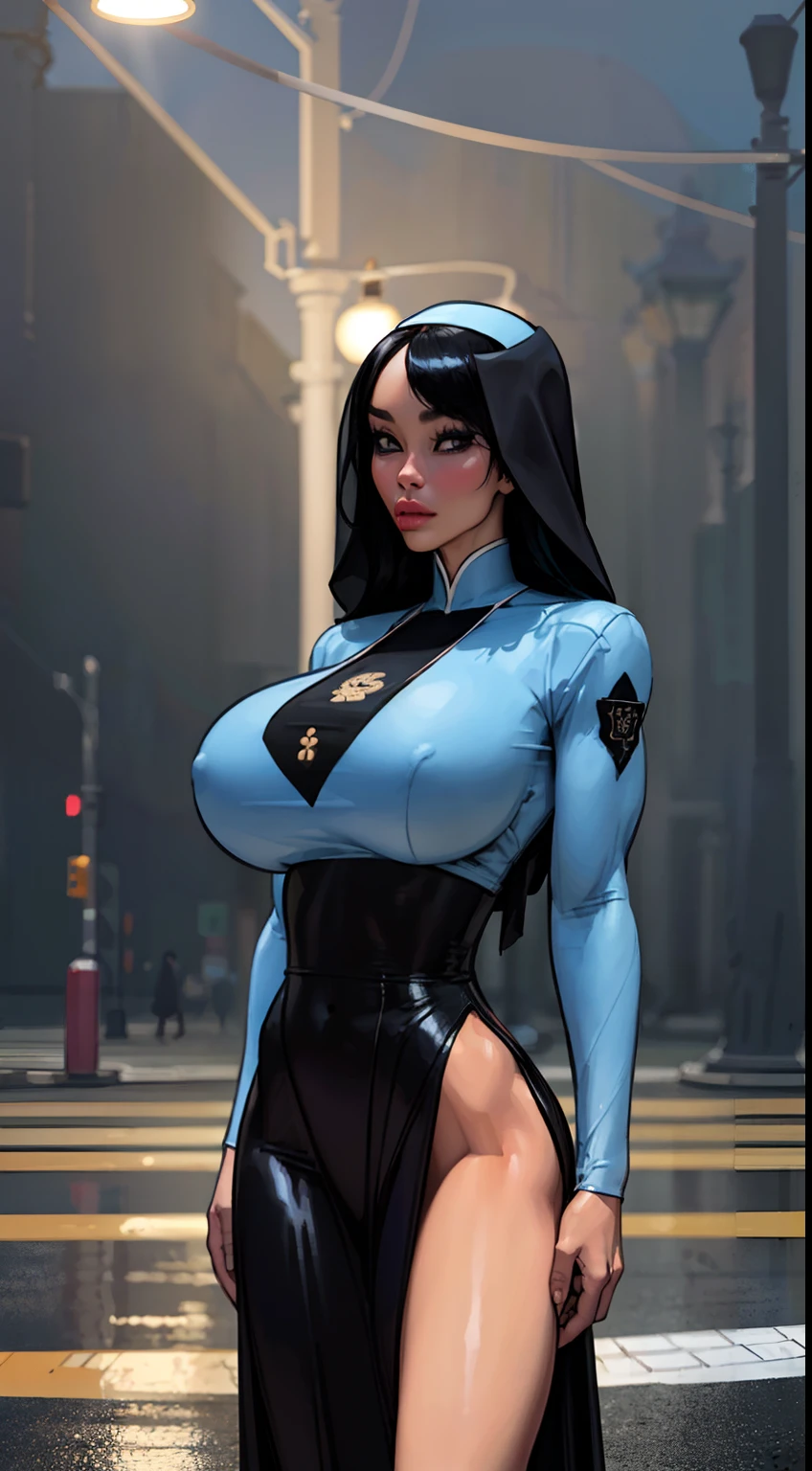 1 Same Girl , Perfect Beautiful , , ((korean woman)), Korean 18 Years Old , Medium Hair , Black Gothic Nun Dress , Athletic Body , ((gigantic breasts:1.2)) Extreme Detailed Portrait With Bokeh Effect , Realistic Lighting , Night Street View , Dark Vibe , Crowd , Gothic Makeup , Gothic Tattoo , Posing Like a Model , Look at Viewer, cool lighting, blue street lamp light((blue rim light:1.1))