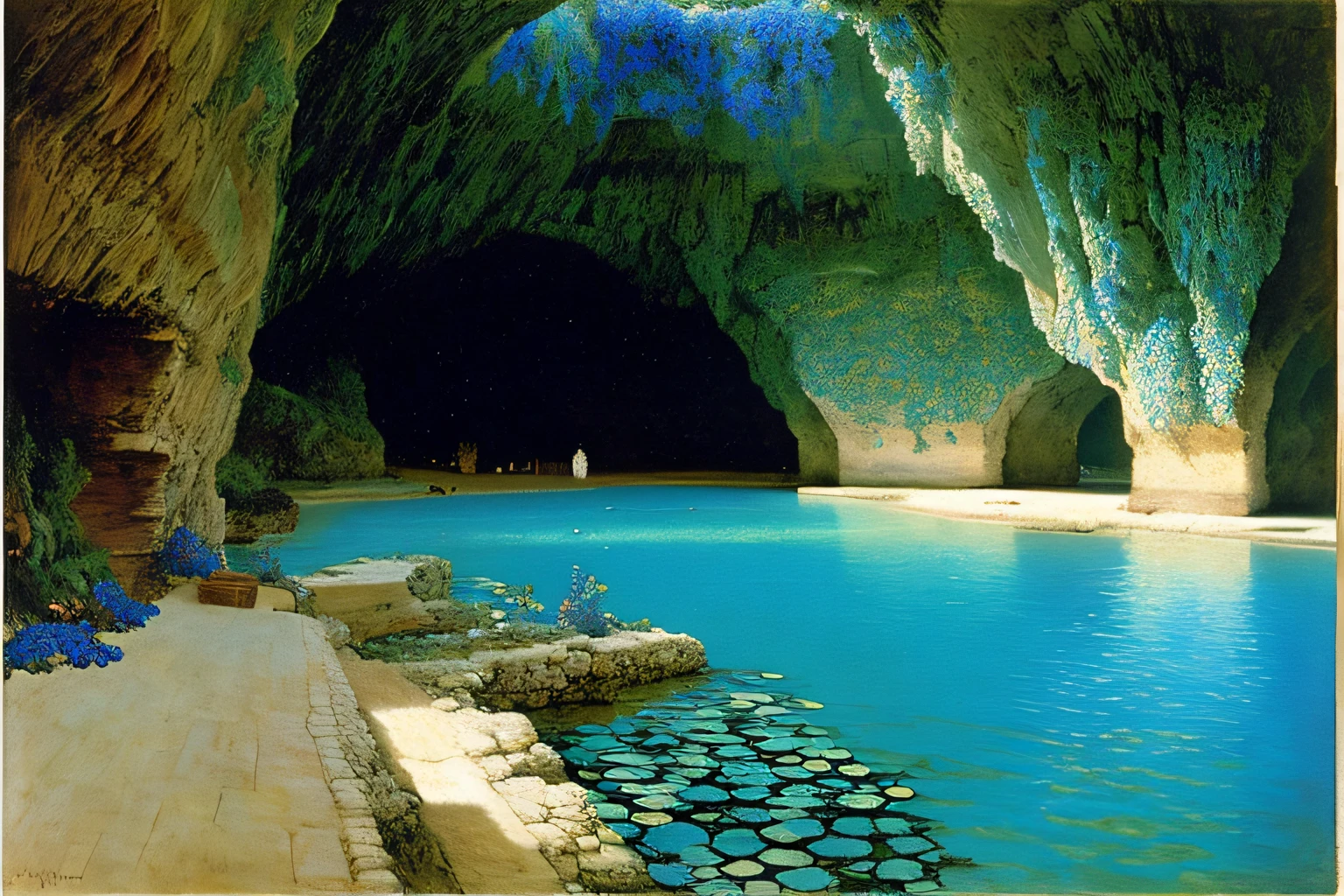 Interior cave, Cobalt Blue Ocean, fleurs, Village Alma Tadema