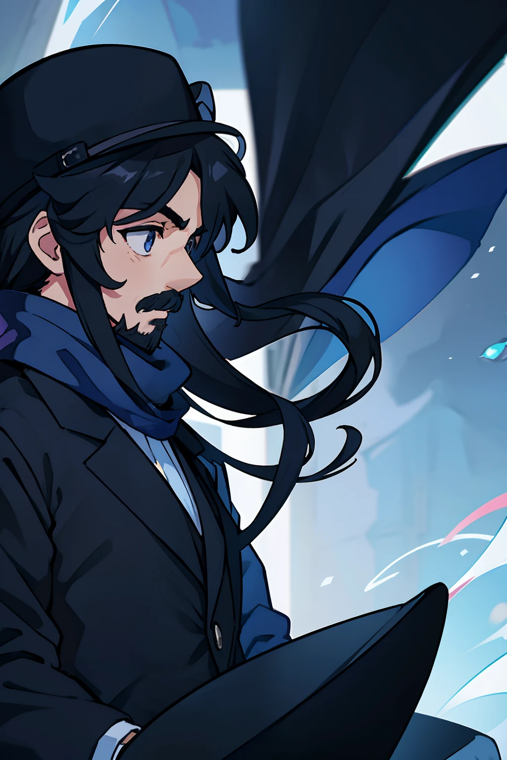 anime, man, fedora, profile, dark blue scarf, black suit, black overcoat, long hair, tiny beard, moustache, black gloves