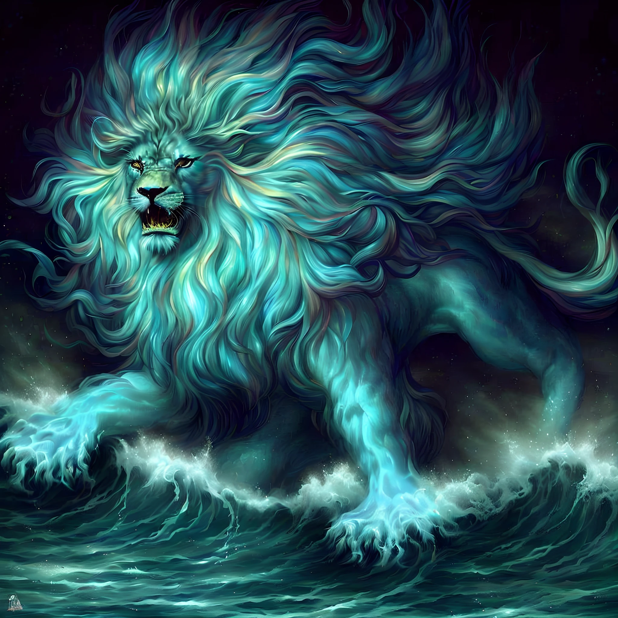 a painting of a lion with a blue mane running through the water, Roaring Blue Lion. majestoso, luminous water elemental, iridescence water elemental, mytical creature, water elemental, Rei do Mar, Directed by: Howard Lyon, Fire Lion, O Deus do Mar, Como um atlante, water element, Senhor das Bestas, O Deus Poseidon, 16k, HD, Masterpiece