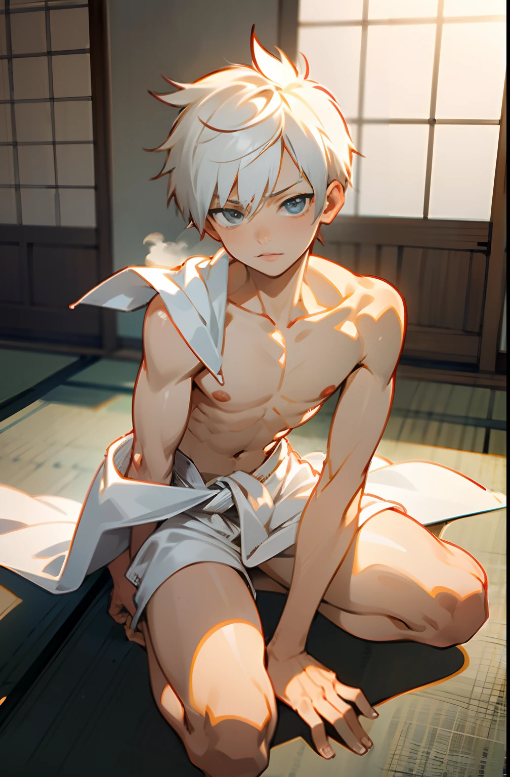 masterpiece, best quality, high quality,  1boy,10yo, , duo, male focus, full body, looking at viewer, white hair,spiky hairstyle, short hair, steam smork, japan style,  anime coloring, shy, home muji style, detailed face, topless, white towel on waist,white silk, sit on tatami