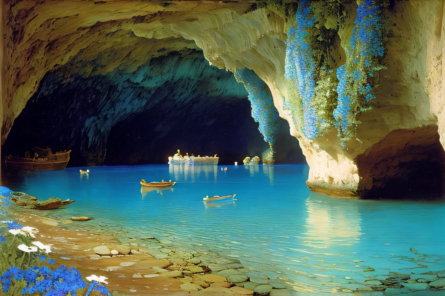 Interior cave, Cobalt Blue Ocean, fleurs, Village Alma Tadema