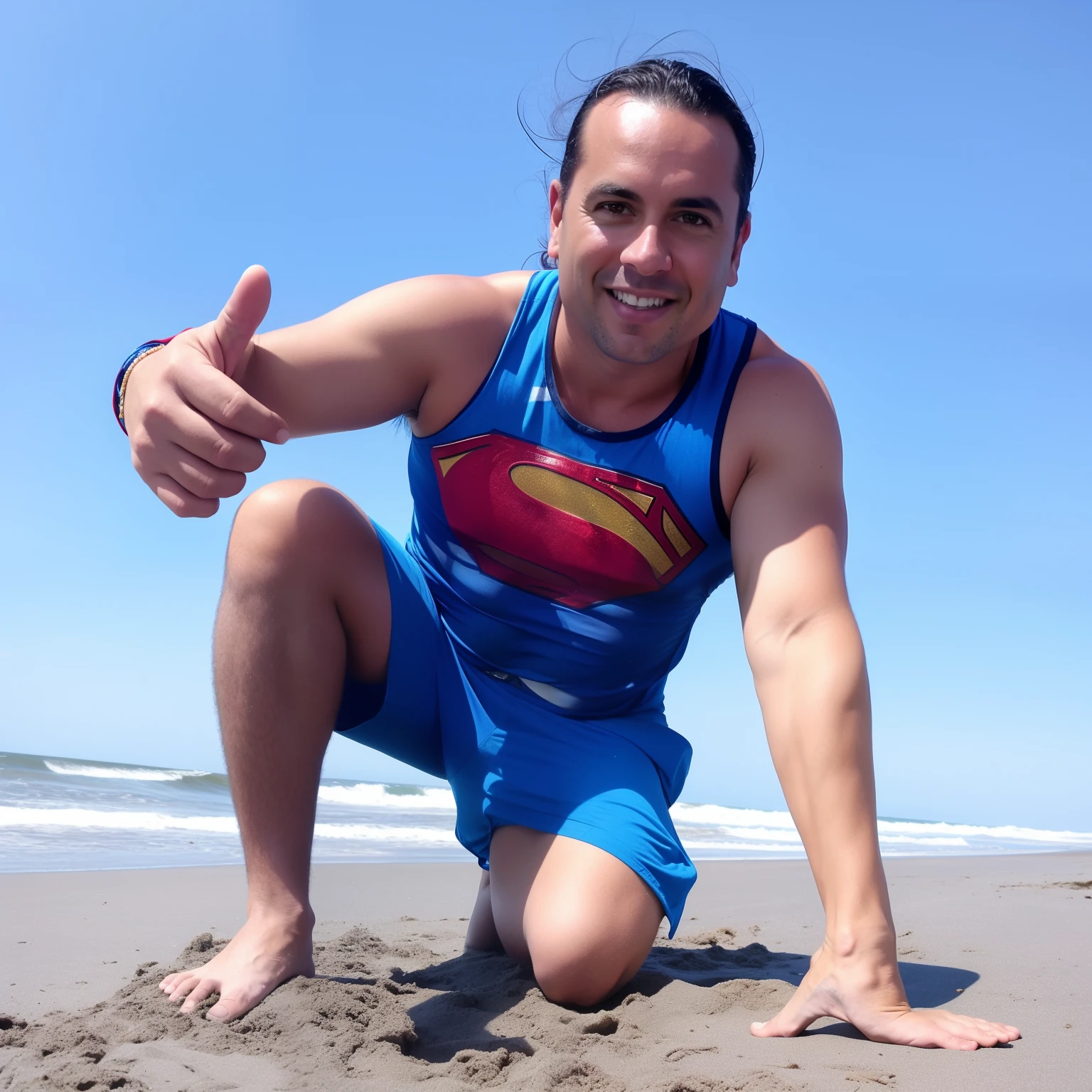 Hombrecon un disfraz de Superman en la playa con el pulgar hacia arriba, Posing in the rock superhero pose, Pose de Superman, posing on a beach with the ocean, 4 0 year old man, posing like a superhero, posando en la playa, castigo samaniego, Superhero pose, en la playa, en una playa, 45 year old men