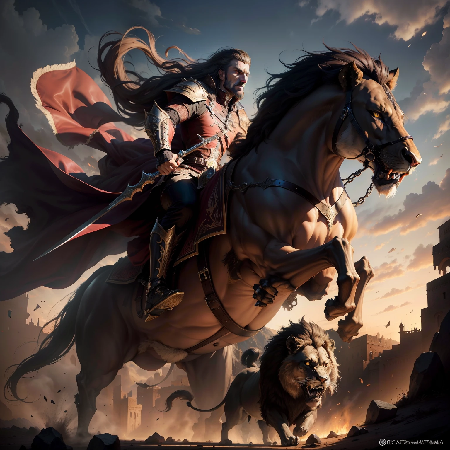 Legendary Castlevania Lord of Shadows riding big roaring legendary Angry Lion portrait Moroccan environment hyper realistic super detailed Dynamic poses