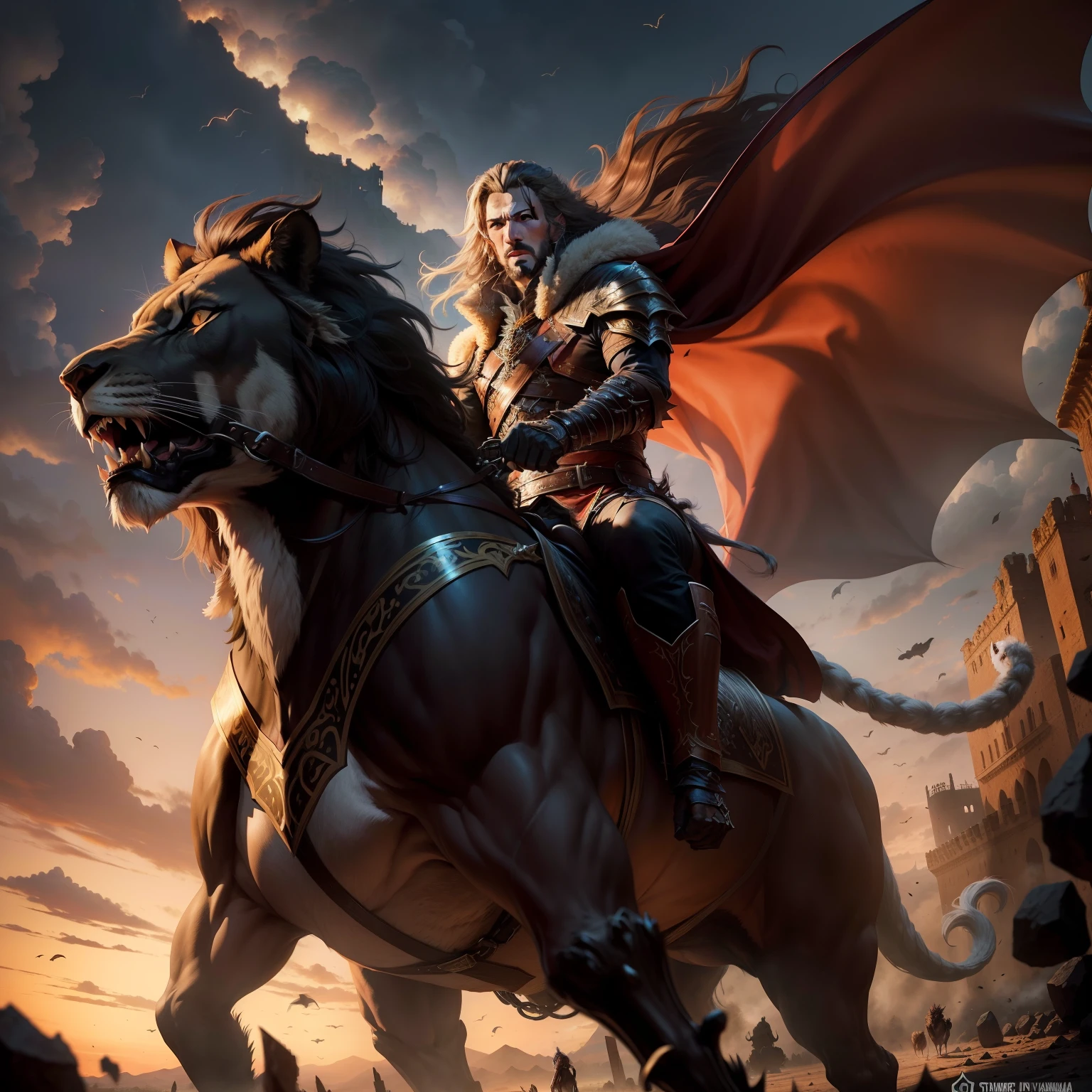 Legendary Castlevania Lord of Shadows riding big roaring legendary Angry Lion portrait Moroccan environment hyper realistic super detailed Dynamic poses