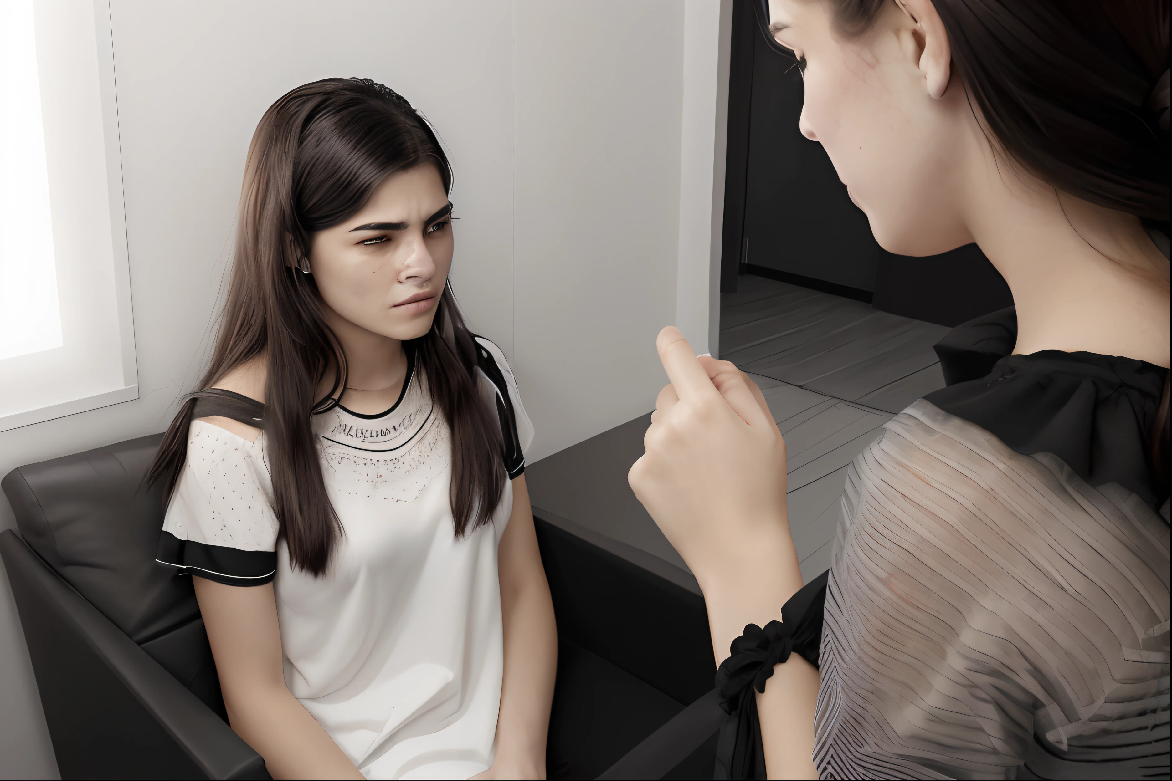 Woman and girl are talking to each other, argumento, irritado e apontando, com o dedo indicador, gritando furiosamente, mostrando raiva, crying and reaching with her arm, Gritando, giving the middle finger, Discutindo, exclusivo, indignado, Irritado com o espelho, sentimento de nojo, exasperated expression, adolescente de 16 anos, Mulher de 35 anos, brancas de cabelo preto