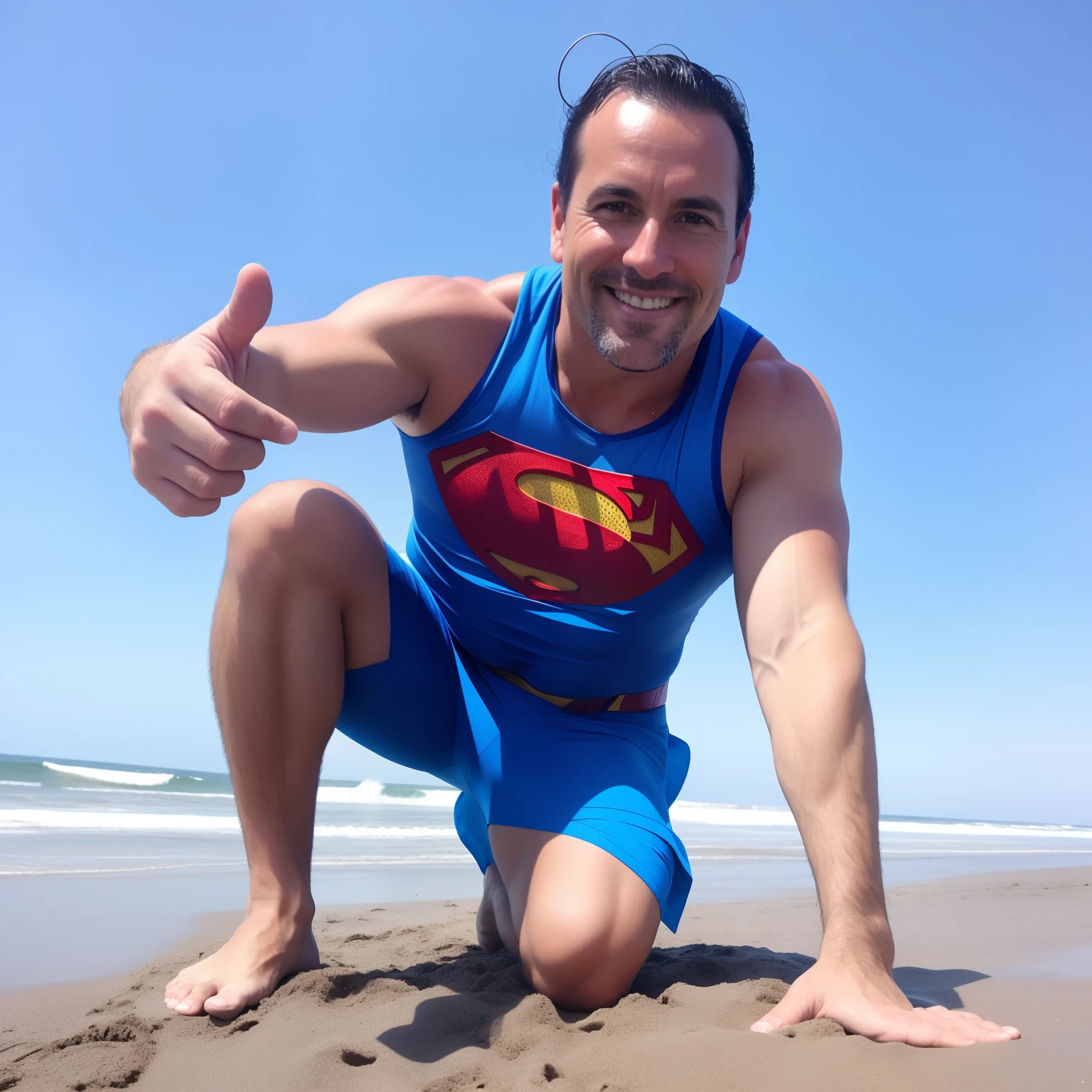 Hombrecon un disfraz de Superman en la playa con el pulgar hacia arriba, Posing in the rock superhero pose, Pose de Superman, posing on a beach with the ocean, 4 0 year old man, posing like a superhero, posando en la playa, castigo samaniego, Superhero pose, en la playa, en una playa, 45 year old men