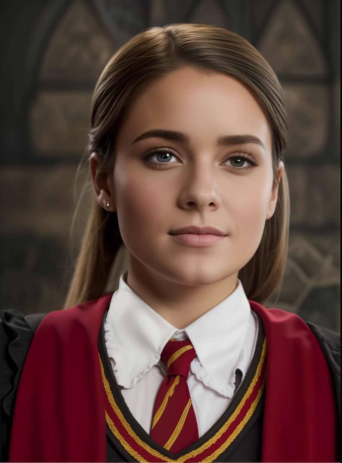A imagem mostra uma mulher usando um uniforme escolar vermelho e dourado com uma gravata. The person's face is beautiful. The background is black and gray stone room and the person is standing in front of it. The person's hair is blonde and is stuck.
um uniforme Hogwarts, which is the school of magic and witchcraft of the Harry Potter universe. Gryffindor.