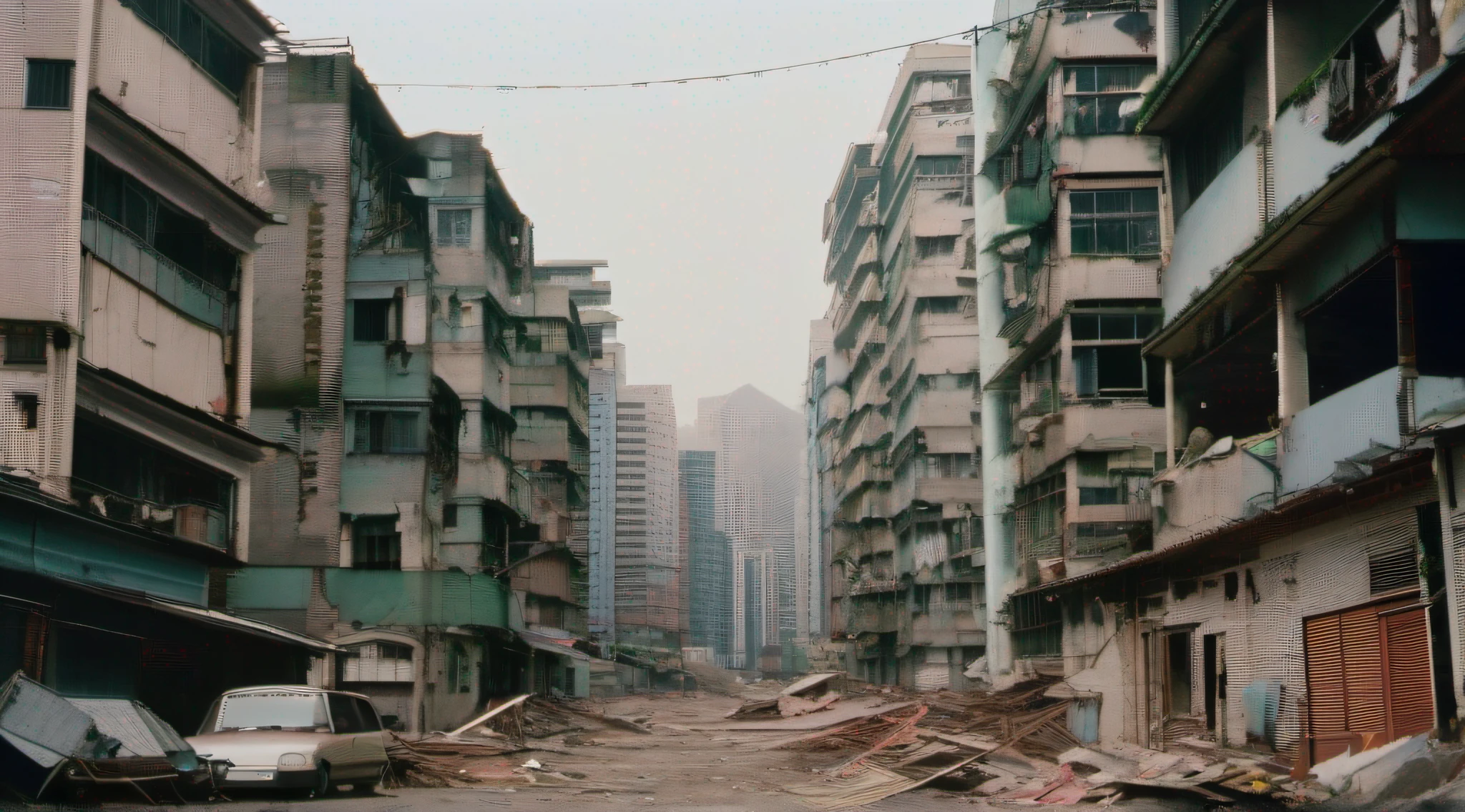 masterpiece, best quality, ultra-sharp, ultra-detailed, abandoned city, ghost town, Hong Kong, no human background, ruined building,