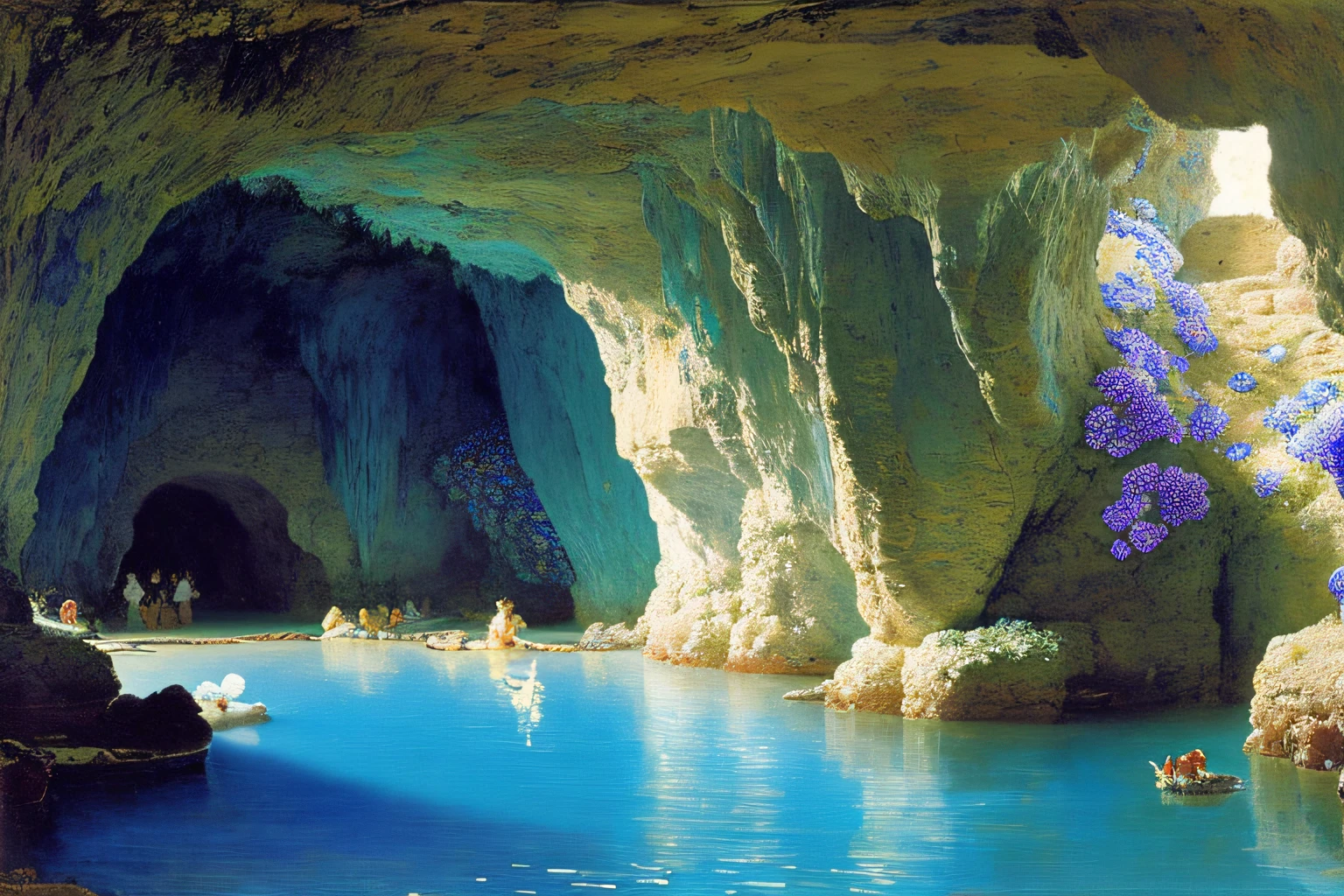 Interior cave, Cobalt Blue Ocean, fleurs, Village Alma Tadema