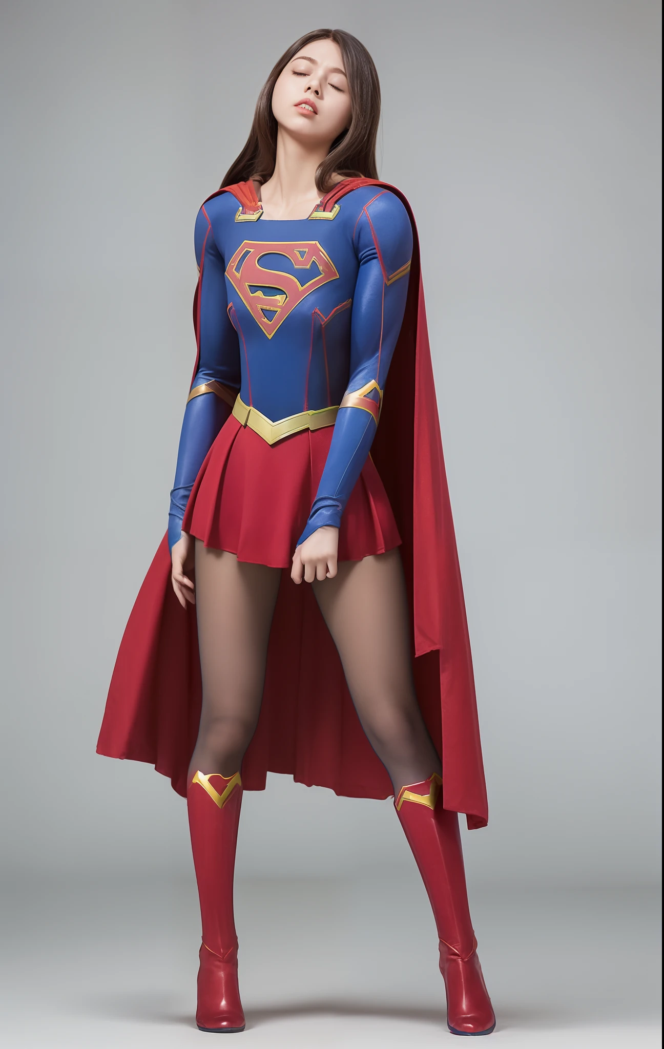 (((Make the most of the original image)))、(((Supergirl Costume)))、(((Hung)))、(((Eyes closed、s asleep)))、((bras、weak legs))、(((Facing down、Depressed)))、((Get))、((Suffering))、((Doll condition))、((Suffering))