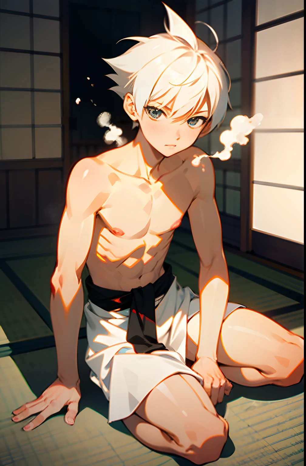 masterpiece, best quality, high quality, 1boy,, , duo, male focus, full body, looking at viewer, white hair,spiky hairstyle, short hair, steam smork, japan style, anime coloring, shy, home muji style, detailed face, topless, white towel on waist,white silk, sit on tatami