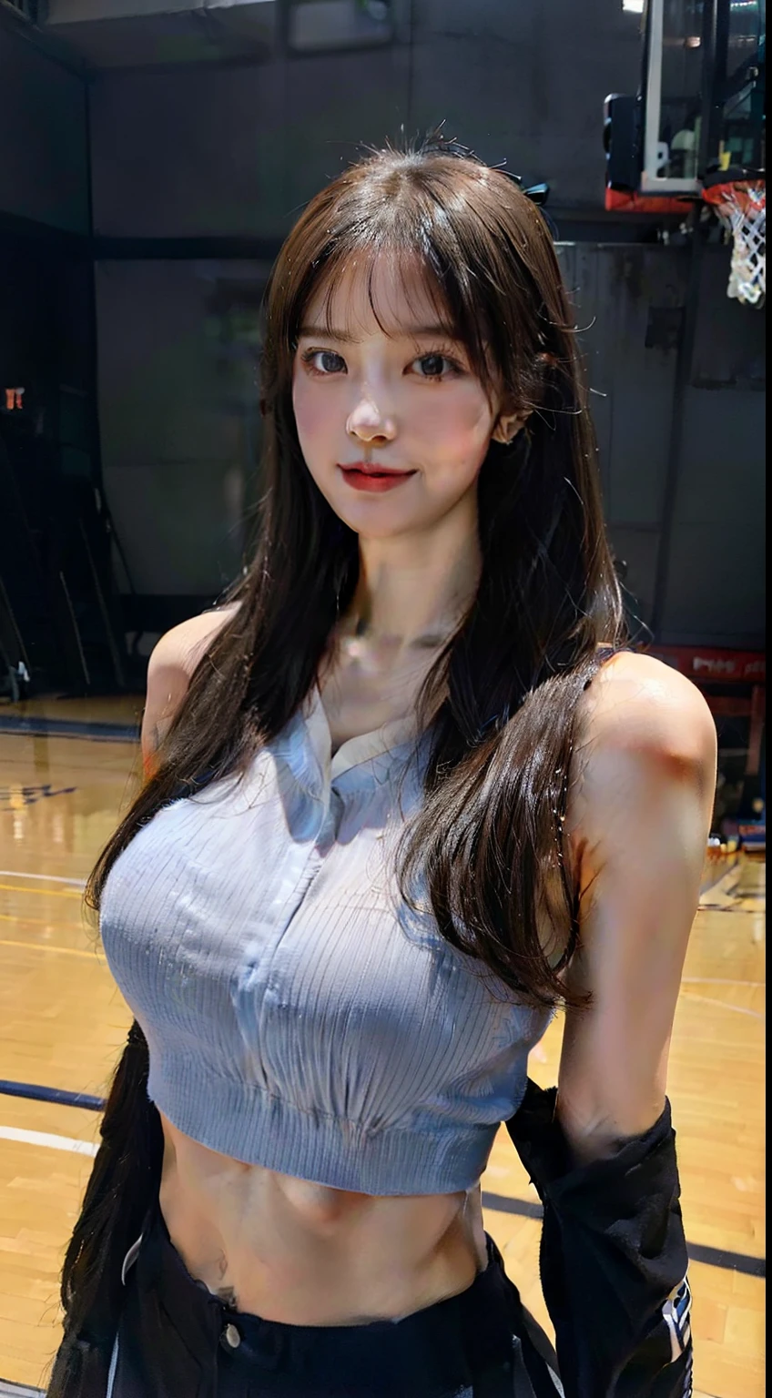 ((Best picture quality, 8K, tmasterpiece:1.3)), 1girll, Beautiful woman with slender abs:1.3, (Casual hairstyle, huge tit:1.2),Cheerleading uniforms:1.1, Ultra-fine face, A detailed eye, 二重まぶた,ssmile,dual horsetail,basketball playground