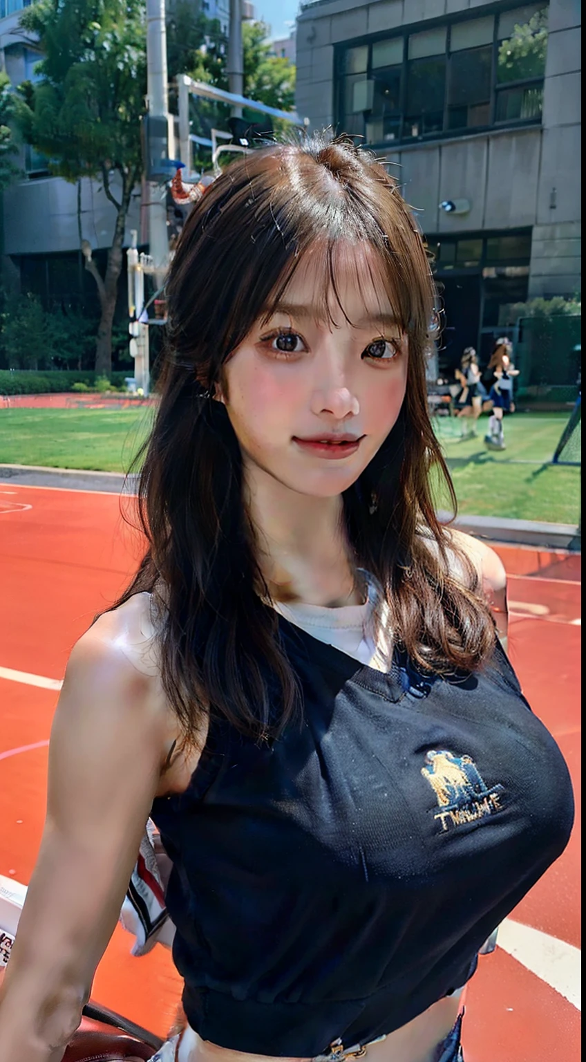 ((Best quality, 8k, Masterpiece :1.3)), Perfect Body Beauty: 1.4, Slim Abs: 1.2, ((Layered Hairstyle: 1.2)), (Street: 1.2), Highly detailed face and skin texture, Detailed eyes, Double eyelids, Lakers No. 24 basketball jersey, holding a basketball,