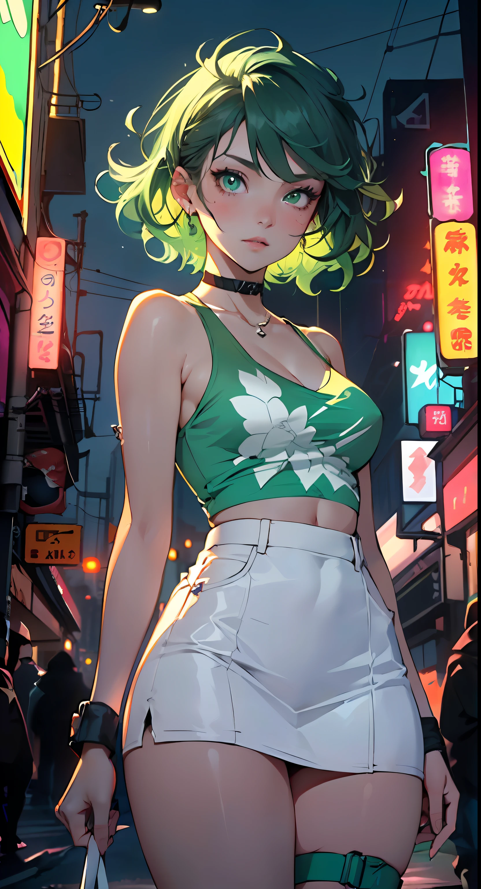 girl youtuber,(((1girl))),((extremely cute and beautiful green curly-haired anime girl walking down the street)),

(short breasts:1.4),(((green curly hair:1.35,very curly hair,colored inner hair,ear breathing,short hair))),((green eyes:1.3,upturned eyes:1.3,perfect eyes,beautiful detailed eyes,rainbow glows ultra-detailed yellow green eyes:1.1,gradient eyes:1,finely detailed beautiful eyes:1,symmetrical eyes:1,big highlight on eyes:1.2)),((fat)),(((lustrous skin:1.5,bright skin: 1.5,skin tanned,shiny skin,very shiny skin,shiny body,plastic glitter skin,exaggerated shiny skin))),delicate detailed fingers,detailed body,detailed arms,human hands,(detailed face)),

cute,slutty,seductive,erotic,(((nsfw))),

zettai ryouiki,revealing clothing,show skin,((rave mini-skirt,visible thong straps,white loose tank top with an anime girl print)),(detailed outfit,detailed clothes),

(dynamic pose:1.0),solo focus,embarrassed,centered,scale to fit dimensions,Rule of thirds,

outdoors,((night view)),(very pretty city neon synthwave,cyberpunk night street Background:1.5,dark sky,thick clouds),future vehicles,((neon lights)),thick clouds,(cyberpunk style,neon lights, (synthwave theme background), lonely street),(((detailed background:1.25))),

(best quality),(high resolution),(sharp focus),(ultra detailed),(extremely detailed),(extremely high quality artwork),8k_wallpaper,(extremely detailed CG 8k),(very fine 8K CG),((hyper super ultra detailed perfect piece)),flawless,(((masterpiece))),illustration,vibrant colors,(intricate),High contrast,Selective lighting,Double exposure,HDR (High Dynamic Range),Post-processing,Background blur,
