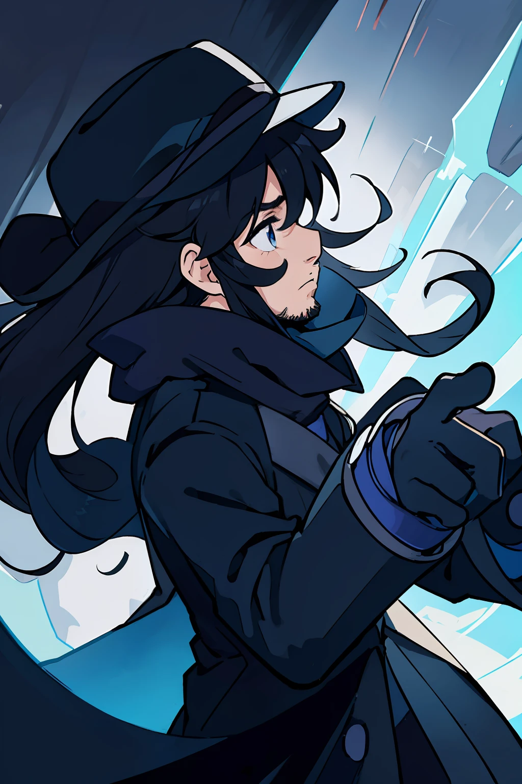 anime, man, fedora, profile, dark blue scarf, black suit, black overcoat, long hair, tiny beard, moustache, black gloves