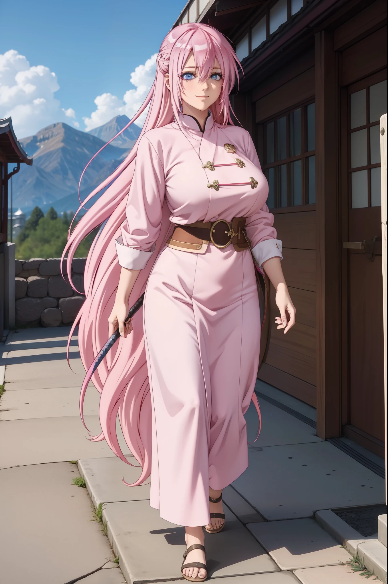 shikimorisan,1girl, pink hair, long hair, blue eyes, hair between eyes, bangs,, smile, walking, monk, brawler, fantasy, rpg, mountain, big breast, holding, rapier