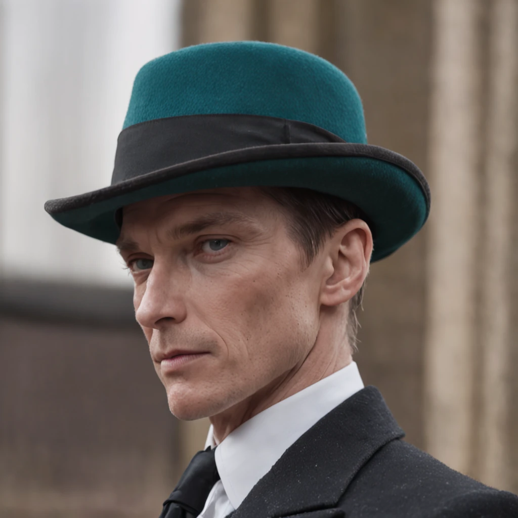 Close-up of a person in a suit and tie, peaky blinders (2018), attractive androgynous humanoid, Wears a teal beanie, willem dafoe, Beige fedora, in roger deakins style, fire behind him, jaguar, Red Ascot and field cap, Robe, Perfect face, Ripley Scott, Mummy, Inspired by William Brody