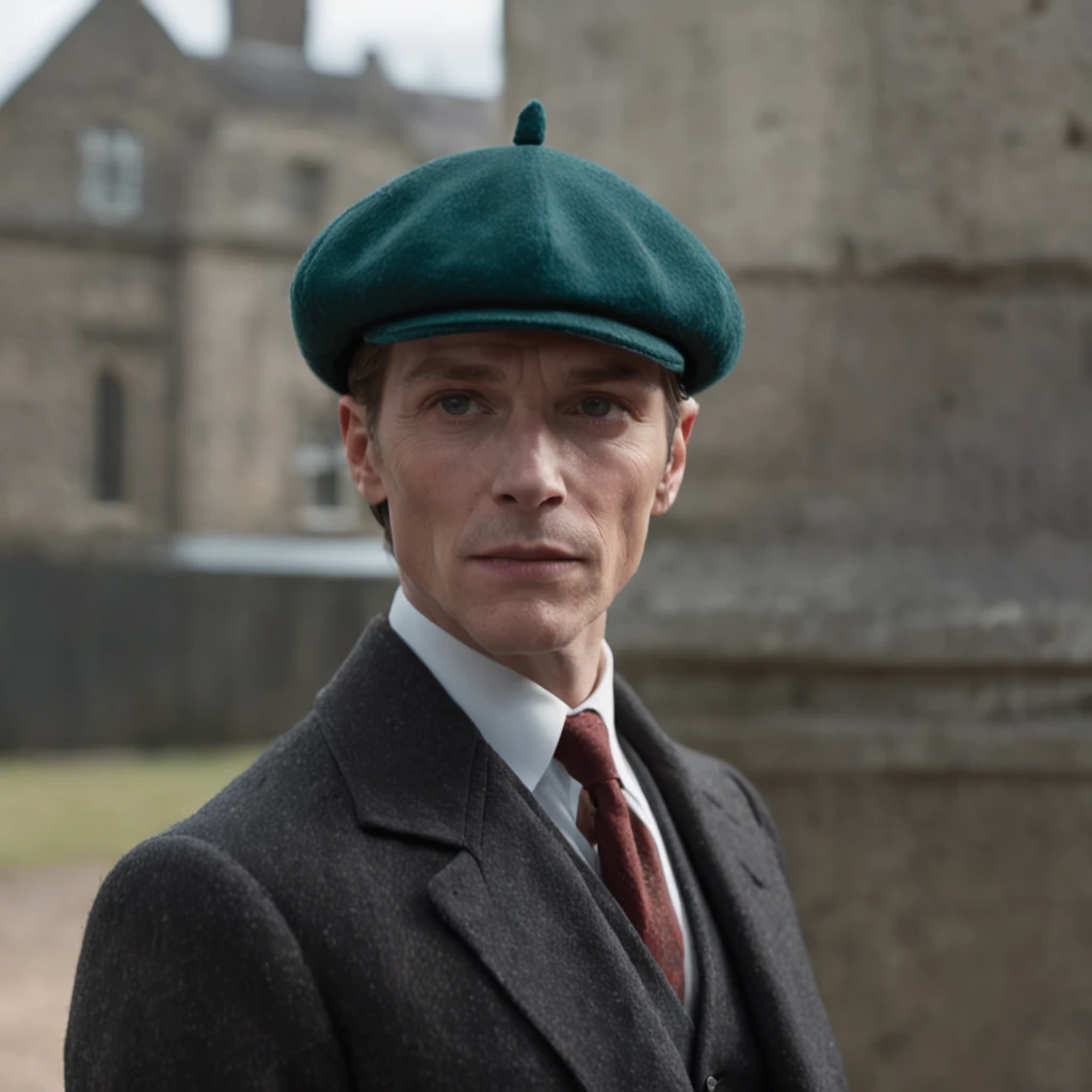 Close-up of a person in a suit and tie, peaky blinders (2018), attractive androgynous humanoid, Wears a teal beanie, willem dafoe, Beige fedora, in roger deakins style, fire behind him, jaguar, Red Ascot and field cap, Robe, Perfect face, Ripley Scott, Mummy, Inspired by William Brody