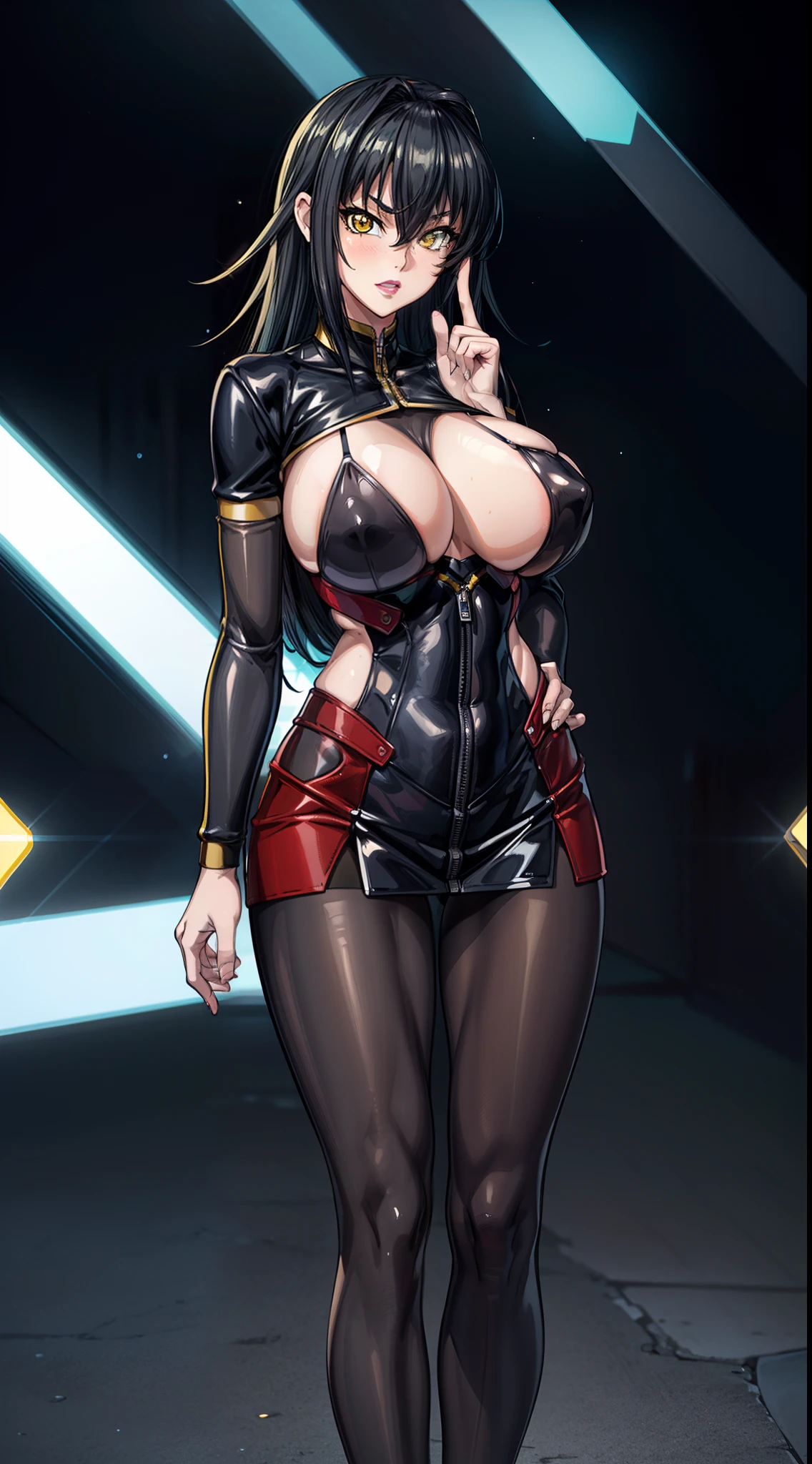 professional artwork, Intricate Details, field of view, sharp focus, detailed painting, photorealistic lighting, trending on pixiv, Standing at attention, black outfit ,yellow collared shirt,black and red bodysuit,skin_tight,black legwear, black pantyhose, Side_boob, black hair,very long hair, Bangs,yellow eyes,makeup, lipstick, 20yo,mature female,Beautiful Finger,Beautiful long legs,Beautiful body,Beautiful Nose,Beautiful character design, perfect eyes, perfect face, looking at viewer, NSFW,official art,extremely detailed CG unity 8k wallpaper, perfect lighting,Colorful, Bright_Front_face_Lighting, (masterpiece:1.0),(best_quality:1.0), ultra high res,4K,ultra-detailed, photography, 8K, HDR, highres, absurdres:1.2, Kodak portra 400, film grain, blurry background, bokeh:1.2, lens flare, (vibrant_color:1.2) (Beautiful,large_Breasts:1.4), (beautiful_face:1.5),(narrow_waist), (solo:1.4), add_detail:1.5