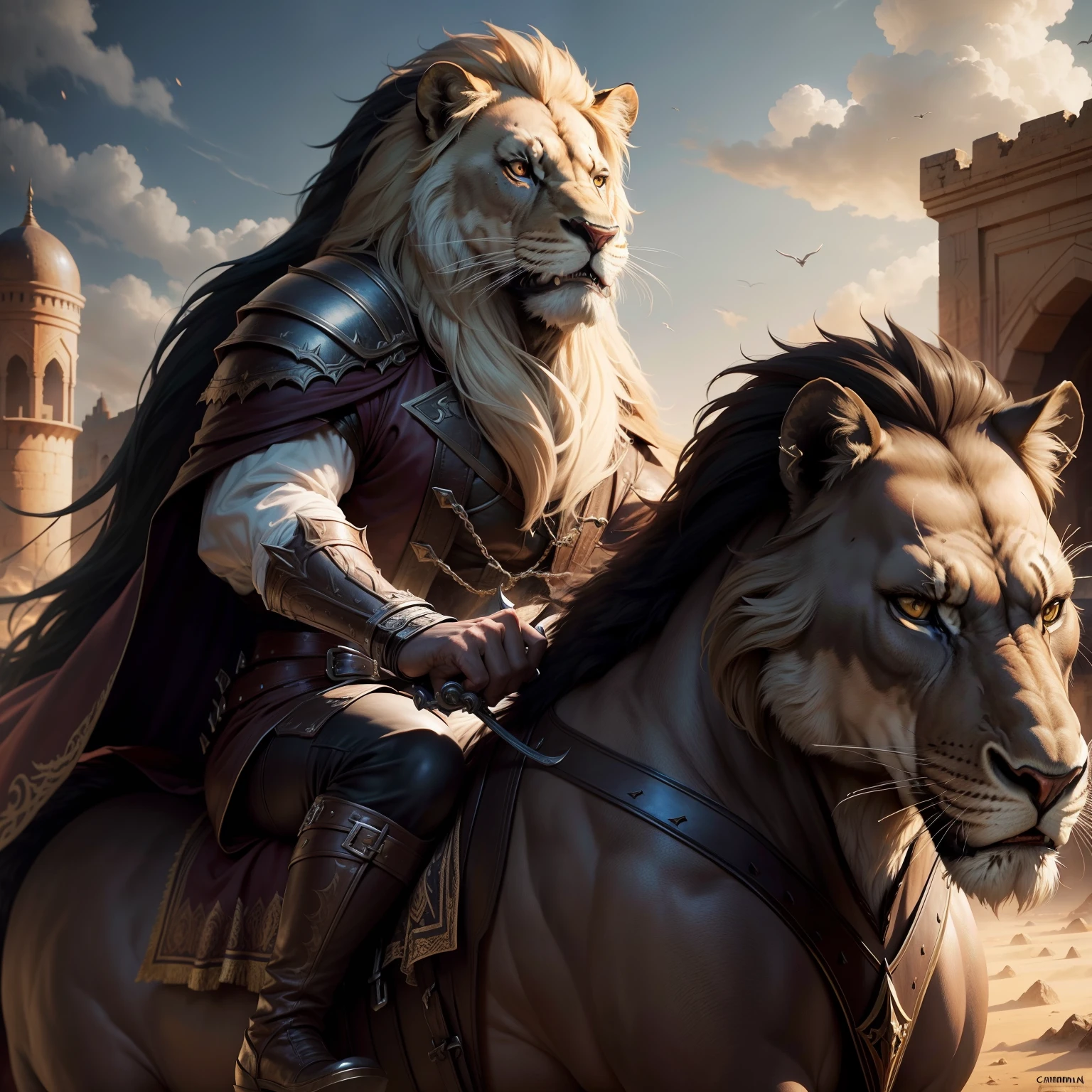 Legendary Castlevania Lord of shadows riding big roaring legendary Angry Lion portrait shot faces Moroccan environment hyper realistic super detailed Dynamic poses