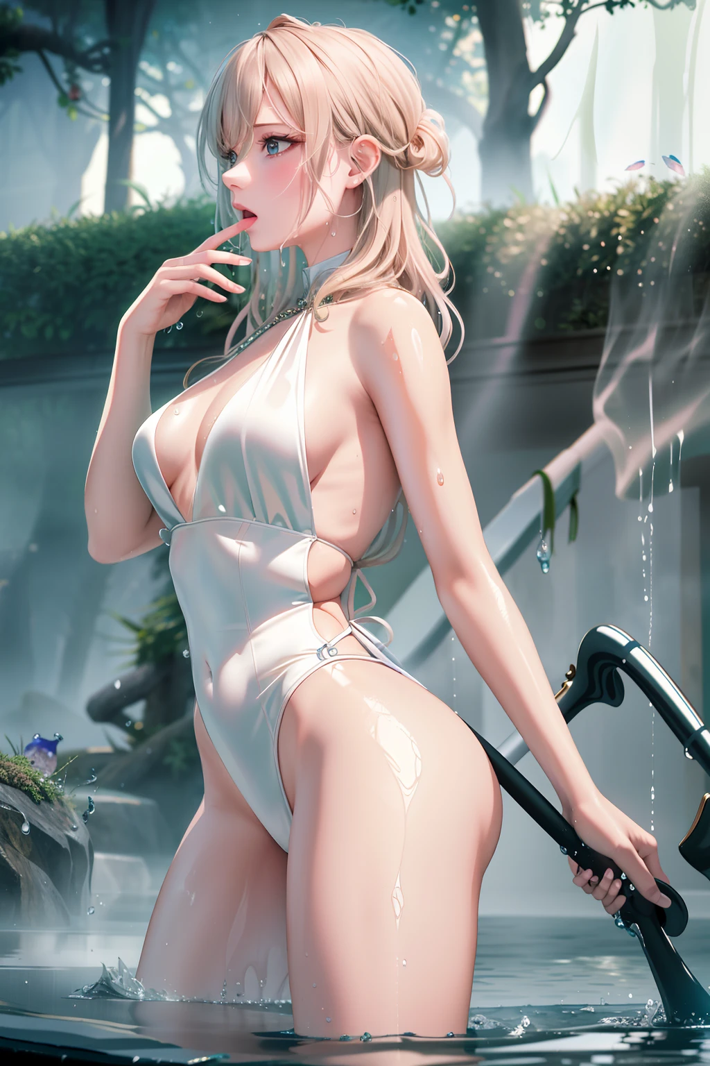 (masterpiece), (best quality:1.2), absurdres, [:intricate details:0.2], 1girl, moist skin, (soaked hair:1.2), (fog:1.2), mist, shiny skin, glossy skin, partially submerged in the pool, (wet hair:1.2), showering , fog, mist, rainfall, tiny water droplet, wet, soaked in water, moisture,