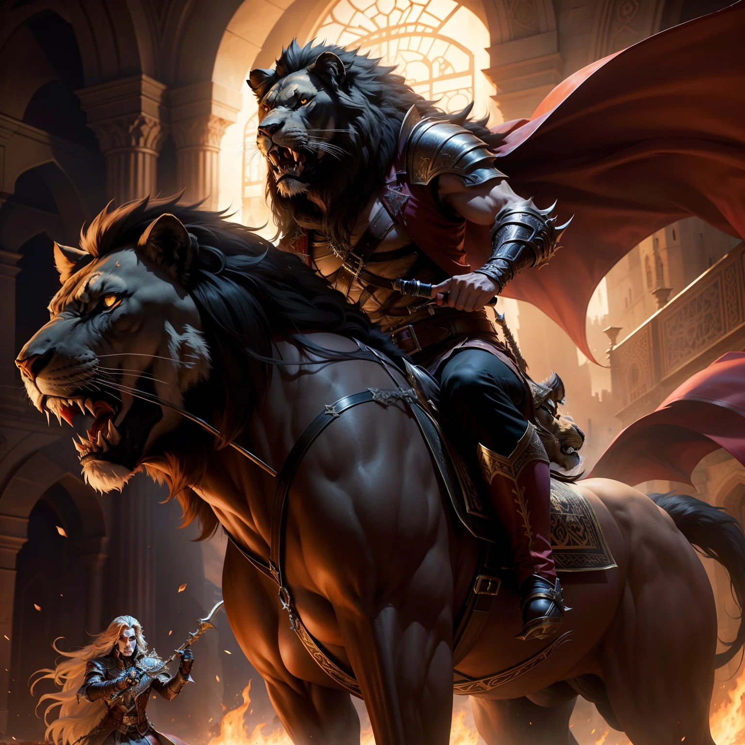 Legendary Castlevania Lord of shadows riding big roaring legendary Angry Lion portrait shot faces Moroccan environment hyper realistic super detailed Dynamic poses