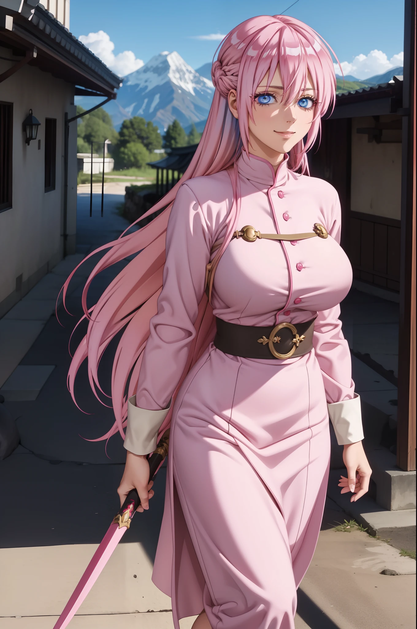 shikimorisan,1girl, pink hair, long hair, blue eyes, hair between eyes, bangs,, smile, walking, monk, brawler, fantasy, rpg, mountain, big breast, holding rapier