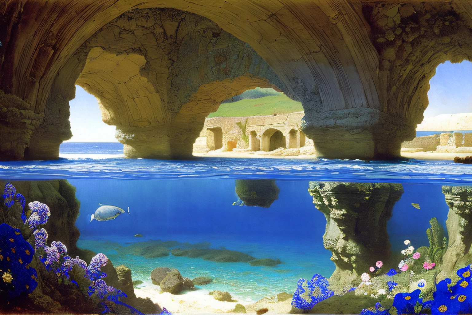 Inner cave, Cobalt Blue Ocean, fleurs, Village Alma Tadema