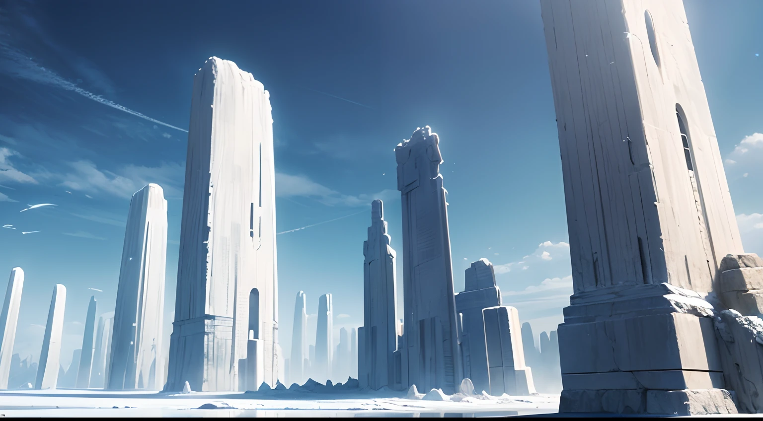 White alien world，Huge tall stone pillars stretch out to the clouds，Alien Chaos landscape，